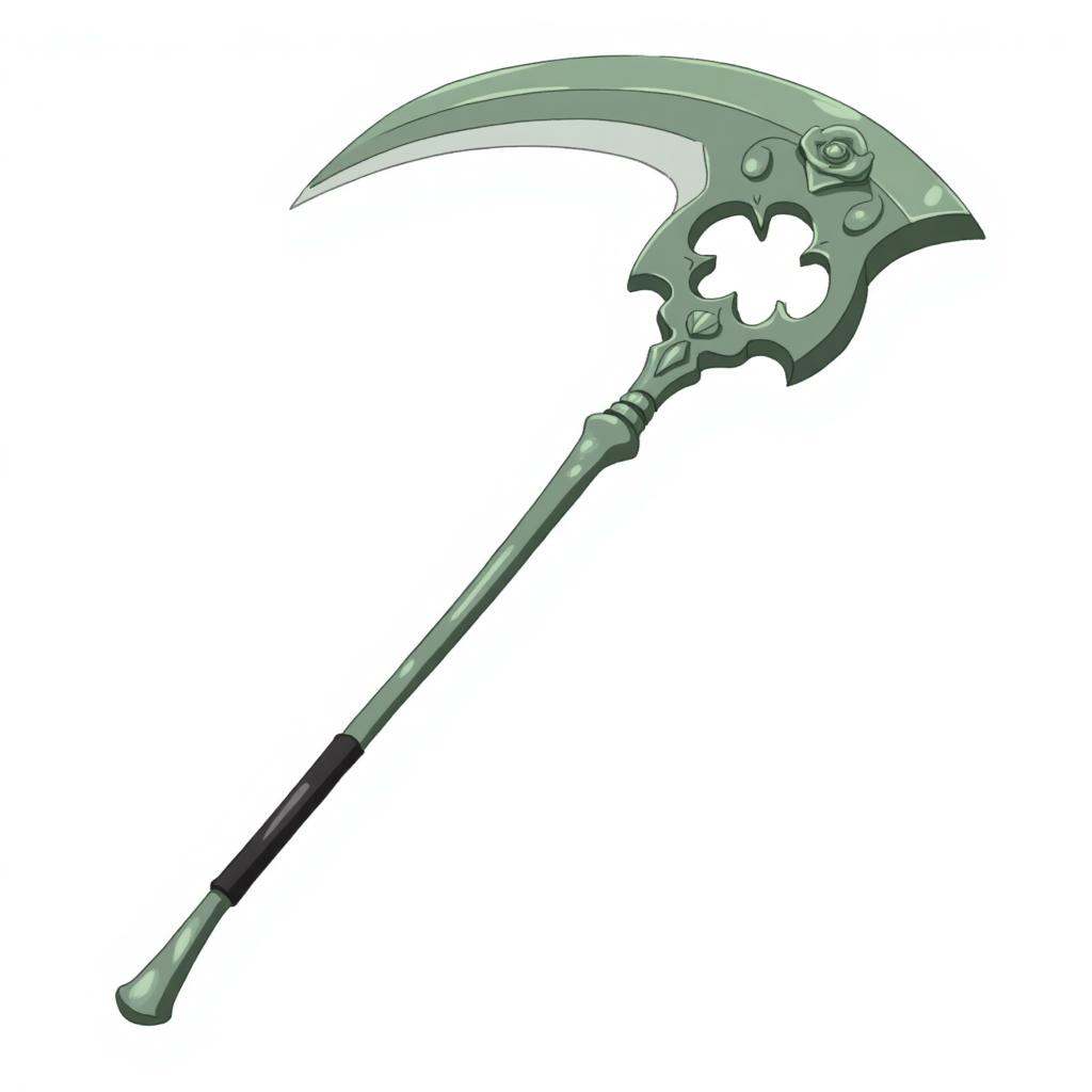 This is a digital drawing of a large,intricately designed,greenish-gray scythe with a curved,serrated blade and a detailed,circular,flower-**** guard. The handle is long and slender,with a black grip. The background is plain white,emphasizing the tool's detailed craftsmanship and menacing appearance.,
