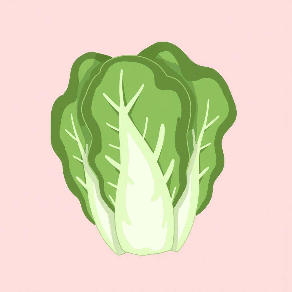 A digital drawing of a crisp, green and white Romaine lettuce head with detailed leaf veins, set against a solid pastel pink background. The lettuce is depicted with a realistic texture, showcasing its fresh, leafy structure. The style is clean and minimalist, emphasizing the natural beauty of the vegetable. 