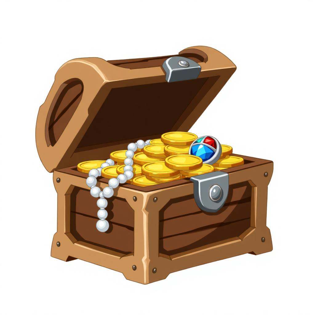 A digital drawing of an open wooden treasure chest overflowing with gold coins,featuring a blue and red gemstone,and a pearl necklace. The chest has a simple,rustic design with a metal latch. The background is plain white,emphasizing the treasure.,