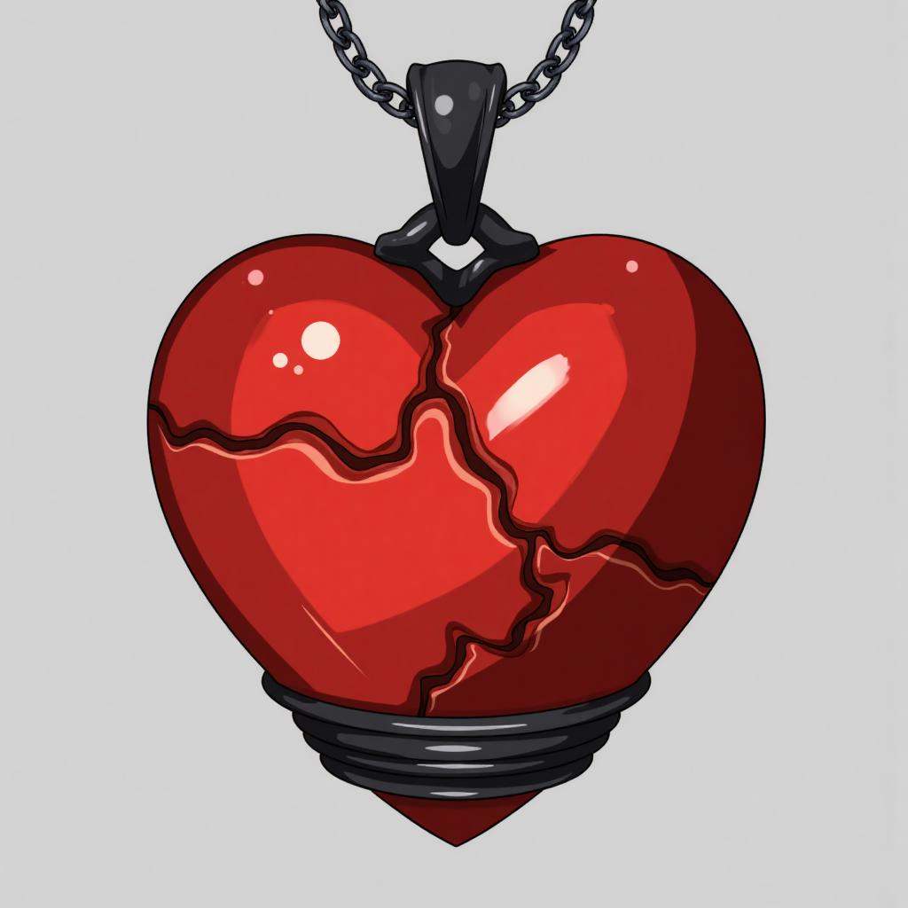 A digital drawing of a large,red,crystalline heart-shaped pendant with a cracked,molten lava-**** texture,encased in a black,twisted metal band. The pendant hangs from a thin,metallic chain against a plain gray background. The style is semi-realistic with a focus on vibrant colors and detailed textures.,