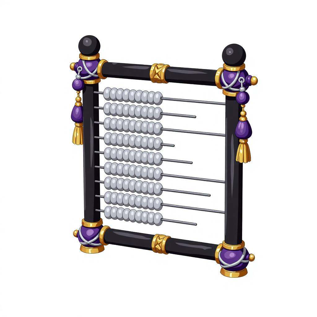This is a digital drawing of an abacus with a black frame and golden accents. The abacus has 10 beads on each wire, arranged in a traditional layout. The frame is adorned with purple and gold decorative elements, including tassels and geometric patterns. The background is plain white, emphasizing the intricate details of the abacus. 