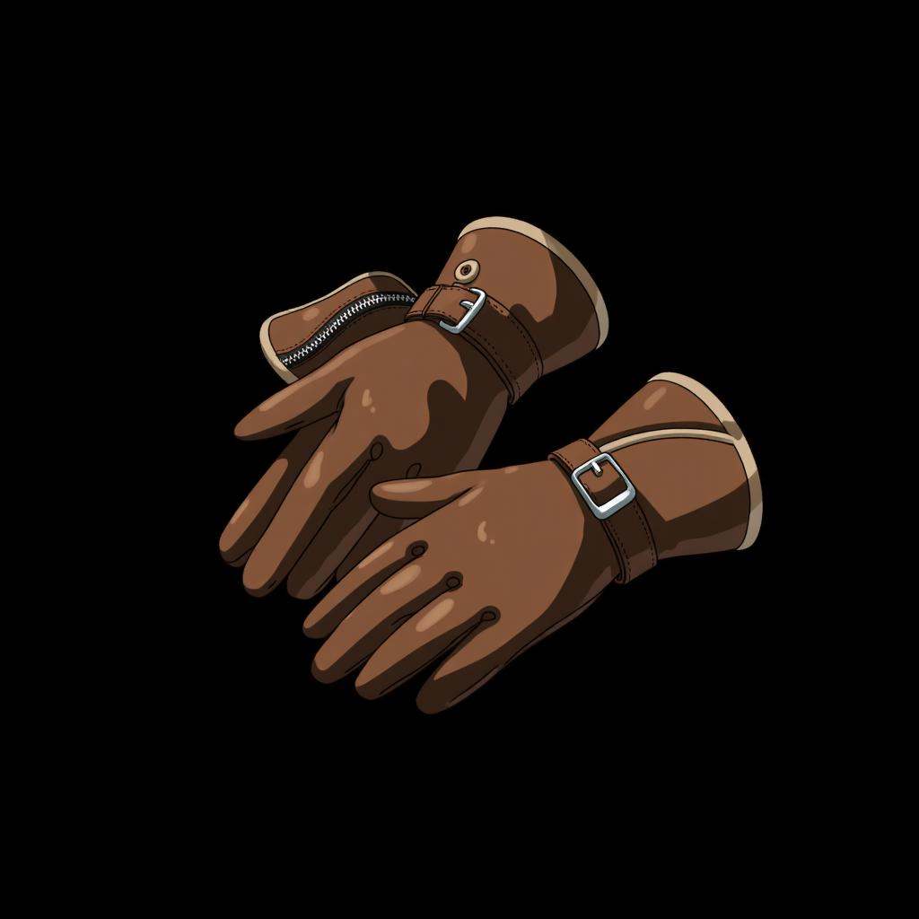 HEZI, game equipment items, ICONS, tasset, black background, still life, no humans, simple background, brown gloves, gloves, solo, close-up, leather, belt, leather gloves, shiny, zipper, leather belt, bag, buckle, pants, brown footwear, signature, pouch
