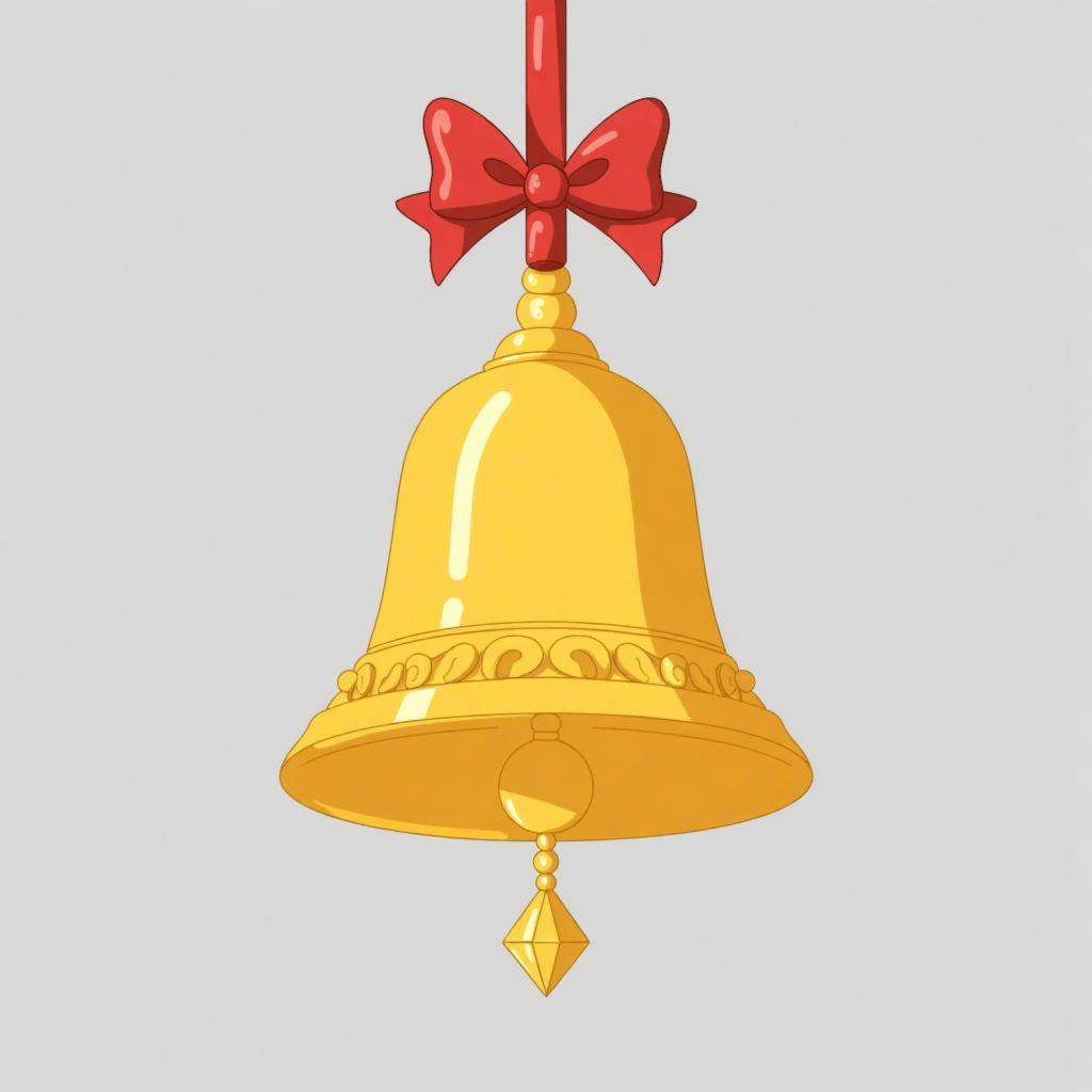 A digital drawing of a golden bell with a red ribbon tied around its top,hanging against a plain gray background. The bell has a smooth,shiny texture and a decorative,ornate design with a small diamond-shaped pendant at the bottom. The style is clean and minimalist,with bold outlines and vibrant colors.,