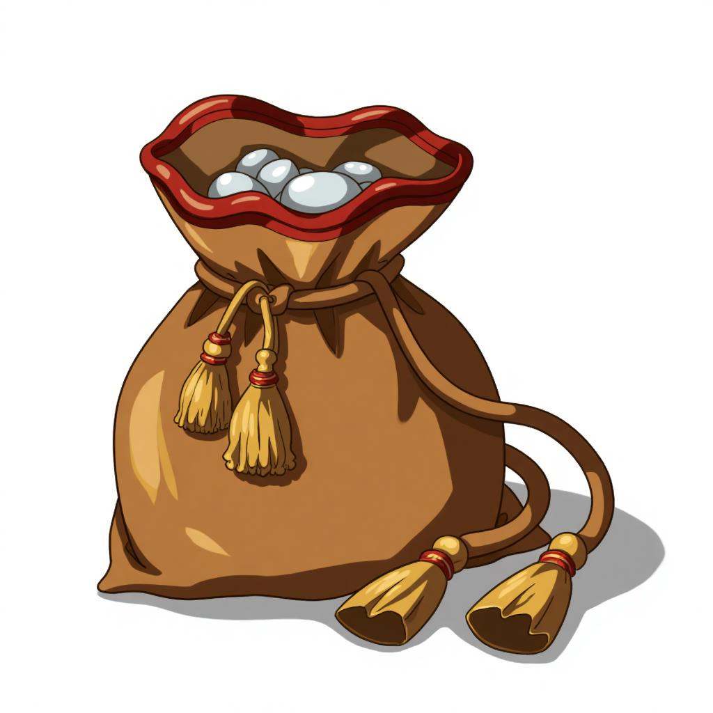 A digital drawing of a large,brown,intricately designed bag with a red trim and golden tassels,containing several white,round stones. The bag has a smooth,shiny texture and is detailed with a large,rounded top and a long,flowing tail. The background is plain white.,