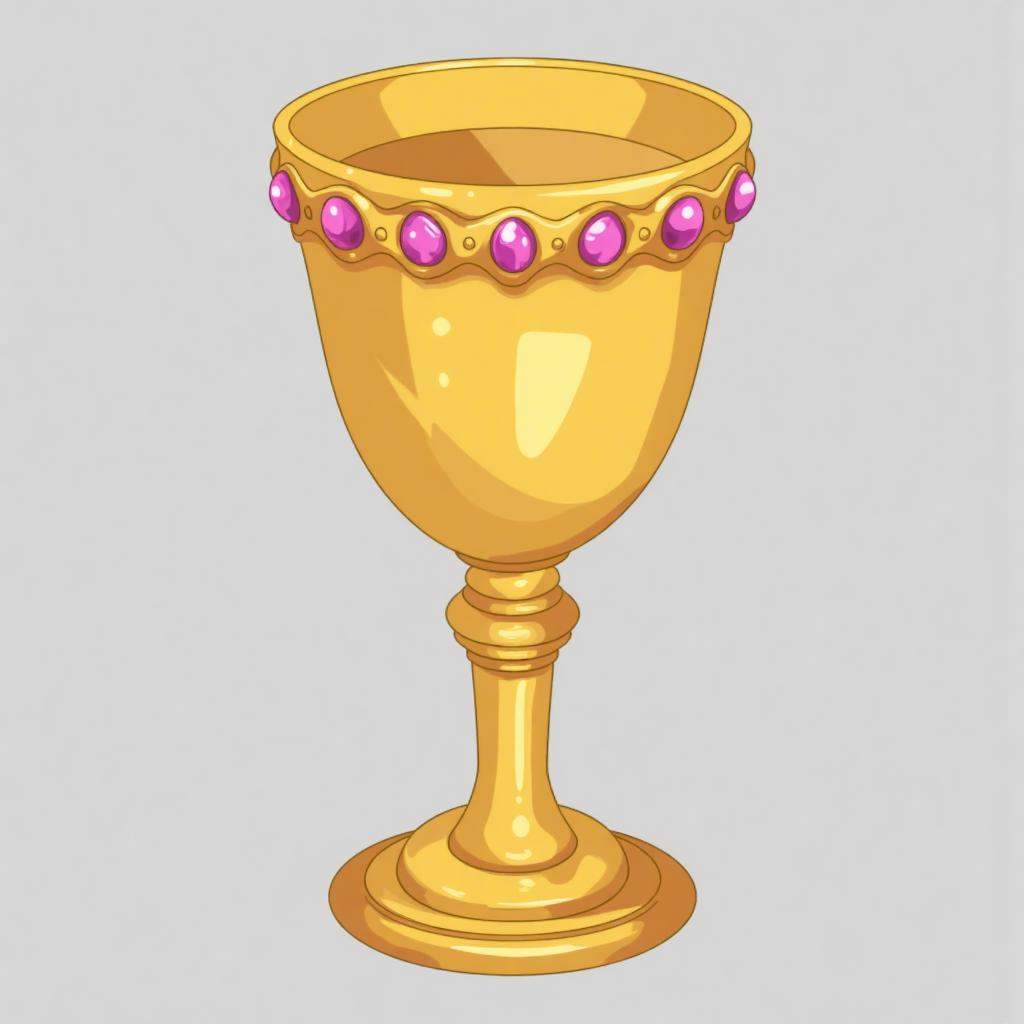 A digital drawing of a golden goblet adorned with pink gemstones, featuring a wide, flared bowl and a thick, fluted stem. The goblet has a glossy finish, with intricate detailing around the rim and base. The background is a plain gray, emphasizing the ornate design of the goblet. 