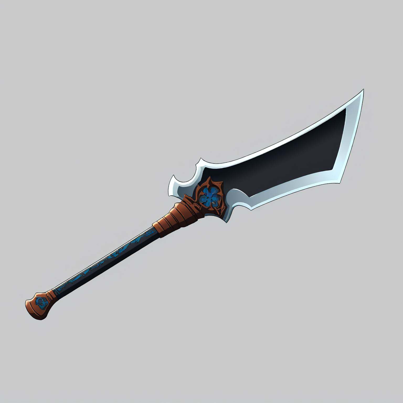Stylized illustration of a fantasy weapon, possibly an axe or sword with intricate designs and colors,white background,<lora:道具3xl-000020:0.7>,