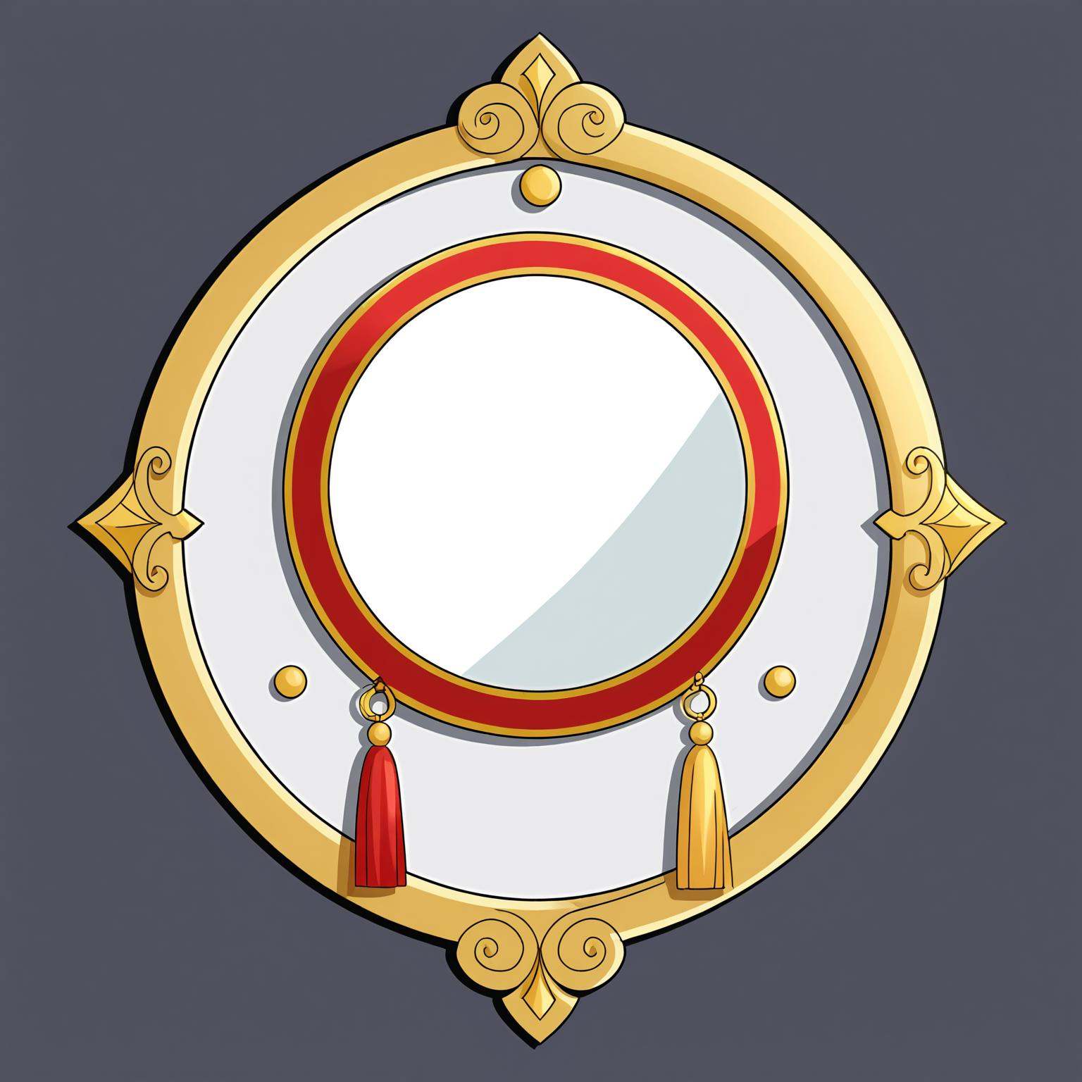A game icon with a round mirror on the side with a gold frame. The frames are decorated with intricate gold patterns and designs. The mirror itself is oval with a white background. On either side of the mirror,there are two red and gold accents,one above and one below. The top of the frame is also decorated with gold swirls and polka dots,while the bottom is dotted with red gold. Two gold tassels hung from the frame. At the bottom of the image,there is a long pointed red handle design. The overall style of the illustrations is gorgeous and luxurious.,<lora:道具3xl-000020:0.6>,