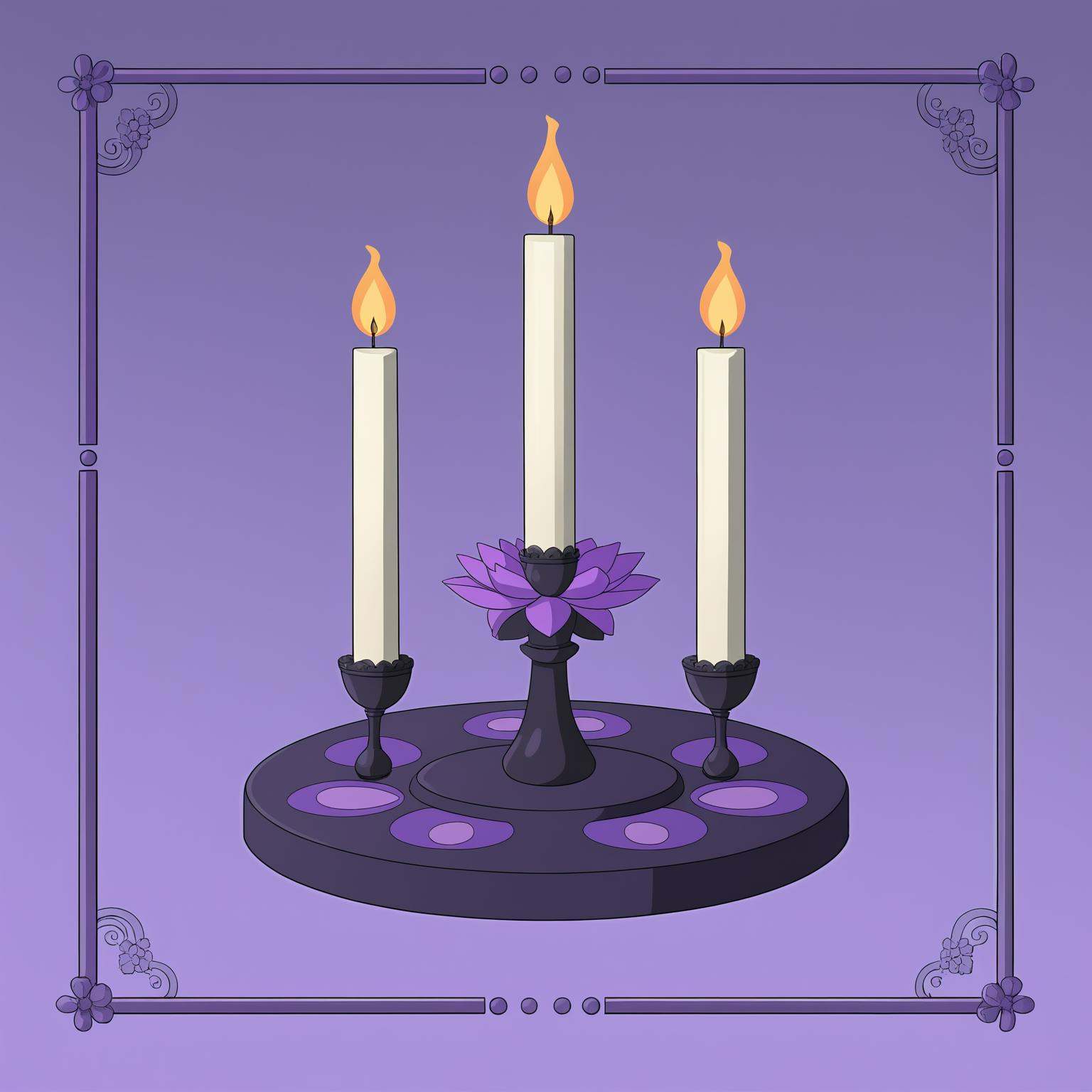 A purple lotus candlestick game icon. The shape of the candle holder is a round base and a tall, thin column. The base is decorated with a pattern of small circles and dots. The candlestick has a circular base at the top and a flower-like design in the middle. This flower is made of multiple petals arranged symmetrically. The petals are dark purple with a smooth surface. The overall design is elegant and exquisite.<lora:道具3xl-000020:0.6>,