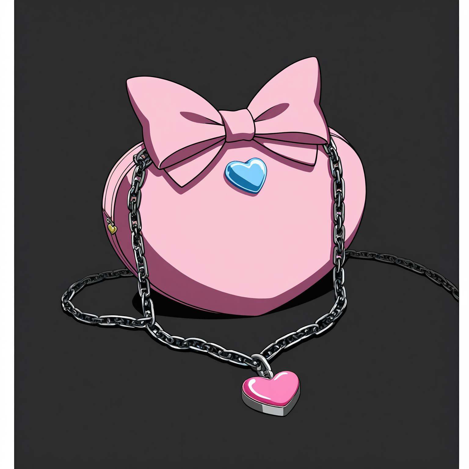 A women's bag, pink, love stone, bow, metal hemming, chain, black background<lora:道具3xl-000020:0.6>,
