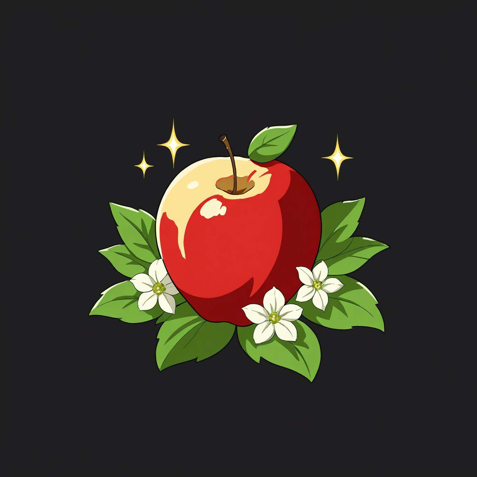 no humans, fruit, food, apple, still life, simple background, food focus, black background, flower, sparkle, white flower ,<lora:道具3xl-000020:0.7>,