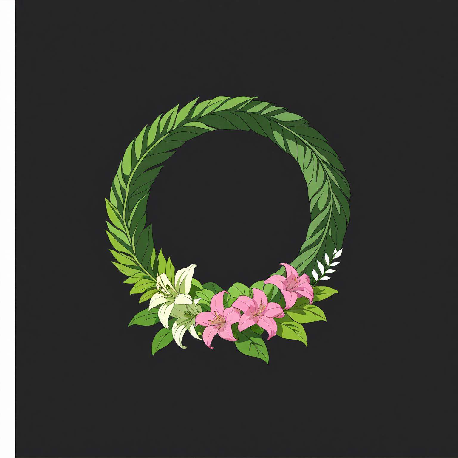 masterpiece,top quality,best quality,official art,beautiful and aesthetic:1.1),(8k, best quality, masterpiece:1.2)a green wreath with pink flowers and leaves on it,with a white background and a white background with a white border,leaf,plant,flower,potted_plant,lily_\(flower\),white_flower,white_background,palm_tree,simple_background,<lora:道具3xl-000020:0.7>,