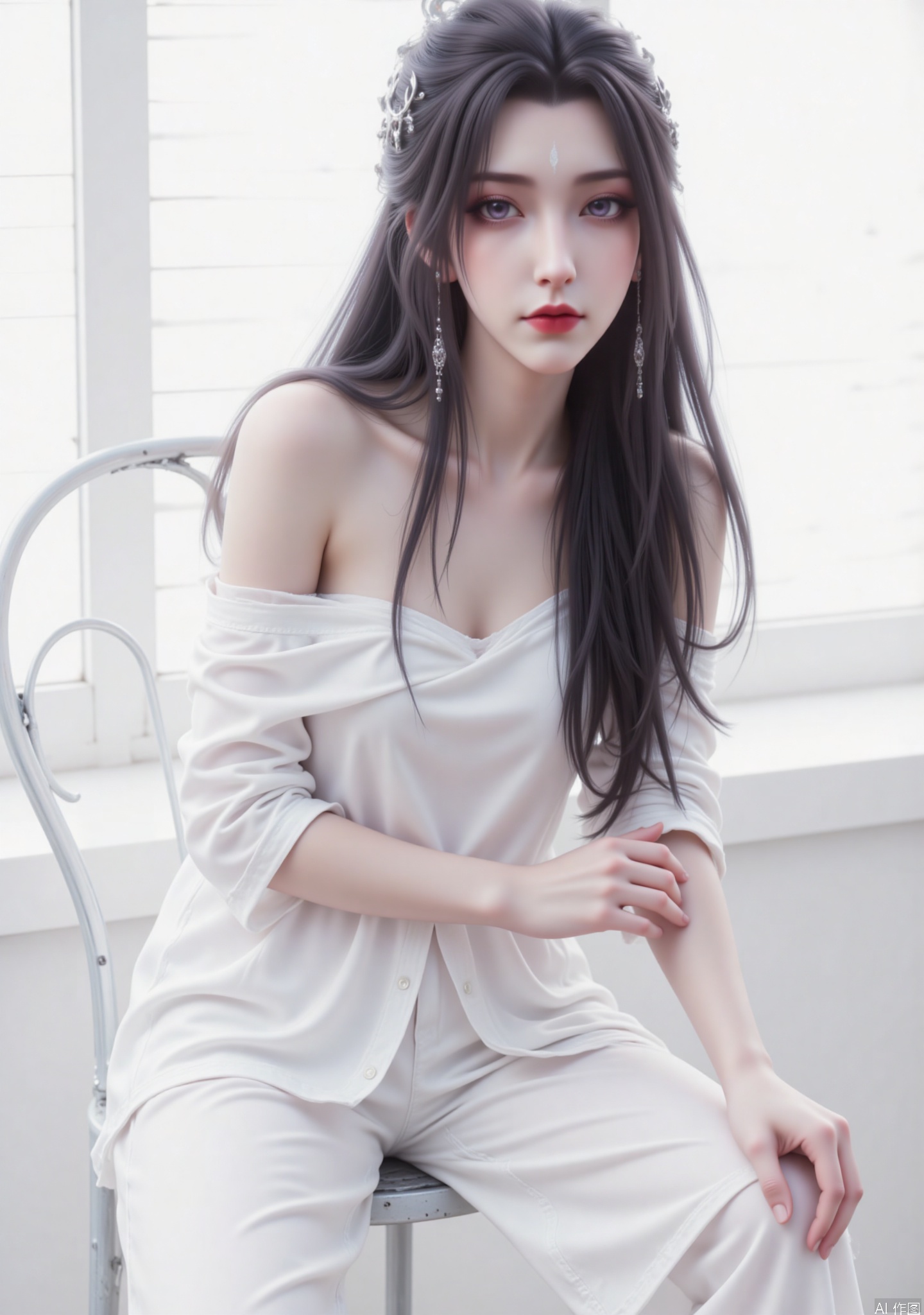 The image shows a young woman with long, wavy brown hair, wearing a white oversized shirt that is partially off her shoulders. She has striking blue eyes and is wearing subtle makeup, including red lipstick. She is seated on a metal chair with a white background that includes a window with blinds. The overall setting appears to be indoors, with soft lighting creating a bright and clean atmosphere.