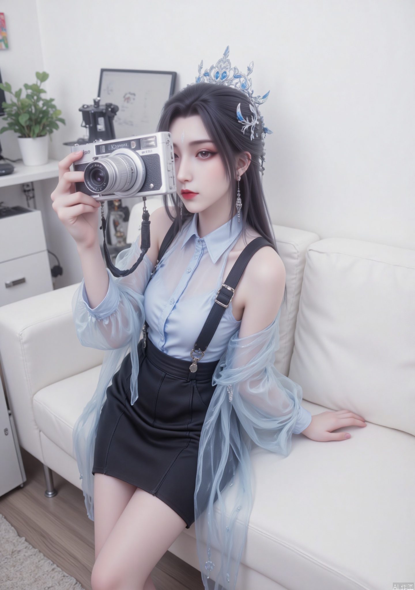 The image shows a person sitting on a white couch, dressed in a stylish outfit that includes a light blue shirt with black suspenders and a black skirt. The person is holding a camera in their right hand, taking a selfie. They are wearing a decorative headpiece with blue and gold elements. The background includes a white wall, a desk with a computer monitor, and a plant. The overall setting appears to be indoors, possibly in a home or studio.