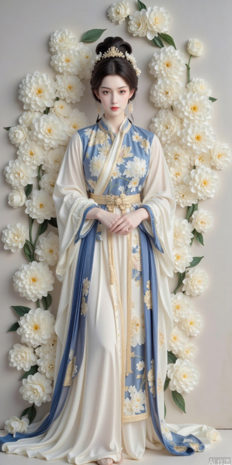 Softly lit studio setting: A serene female statue stands elegantly against a subtle backdrop of white flowers, her delicate facial features and refined hairstyles exuding an air of sophistication. Her traditional Chinese cheongsam, embroidered with intricate flower patterns, drapes effortlessly across her figure, evoking a sense of classical elegance. The overall composition is one of understated refinement, as if captured in the quiet moments before dawn.,yanzhi