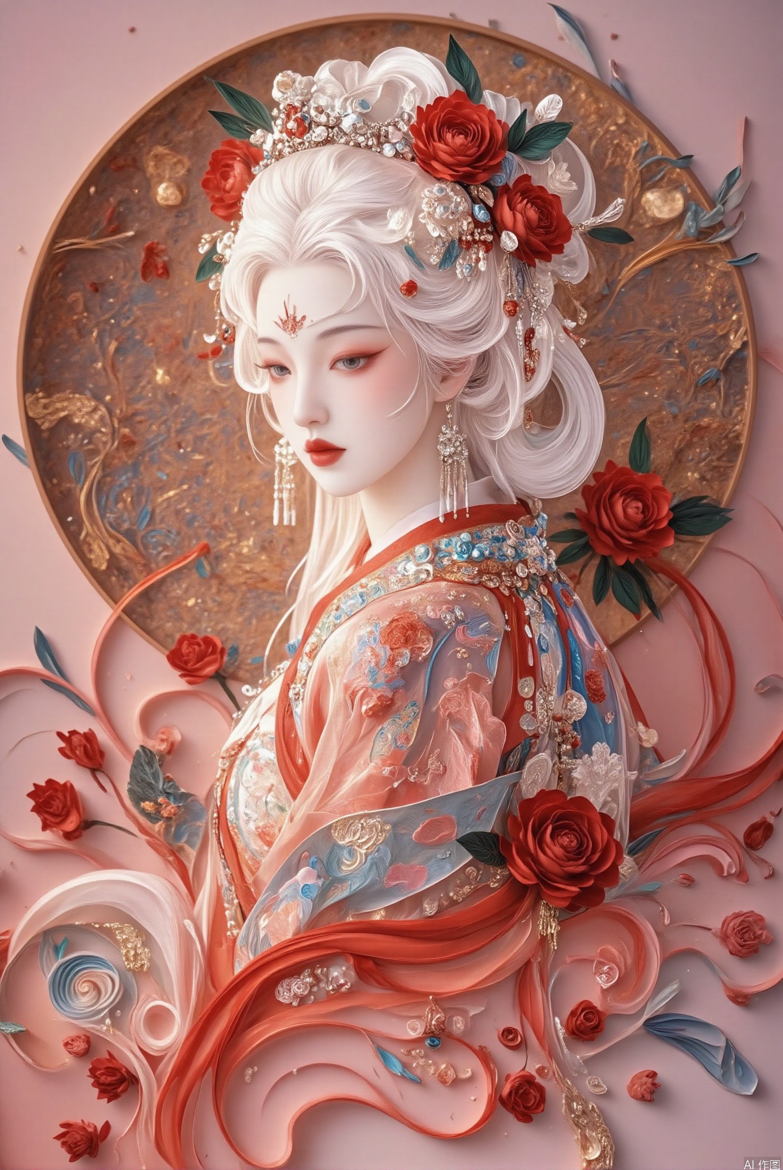 1girl, solo, breasts, looking at viewer, hair ornament, dress, jewelry, upper body, flower, white hair, earrings, parted lips, hair flower, from side, lips, petals, rose, chinese clothes, red flower, red rose, red lips,yanzhi