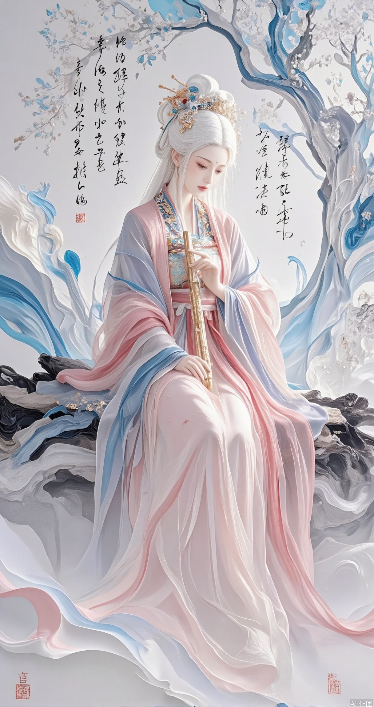 1girl, solo, long hair, hair ornament, dress, sitting, white hair,, pink dress, tree, blue dress,,Flute, flute,hanfu,Ink and wash, Chinese characters,Surrealism, fantasy, smoke,yanzhi