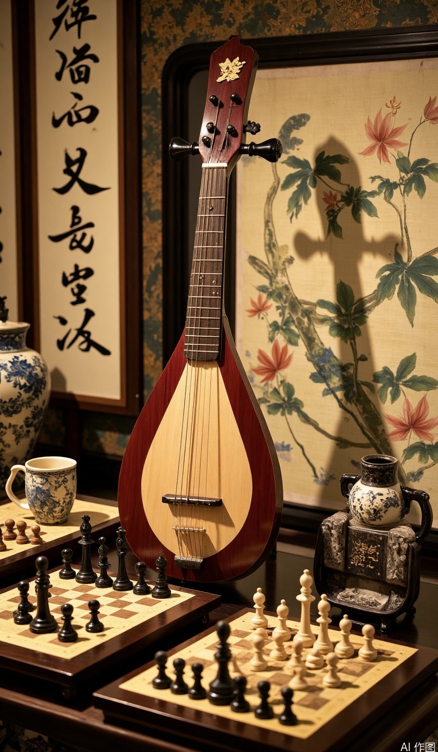 Guqin, no humans, there are chessboards, calligraphy and paintings around the guqin, and the screen is displayed at a 45-degree angle