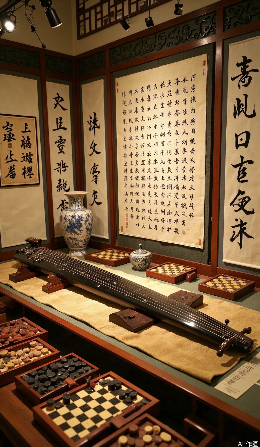 Guqin, no humans, there are chessboards, calligraphy and paintings around the guqin, and the screen is displayed at a 45-degree angle