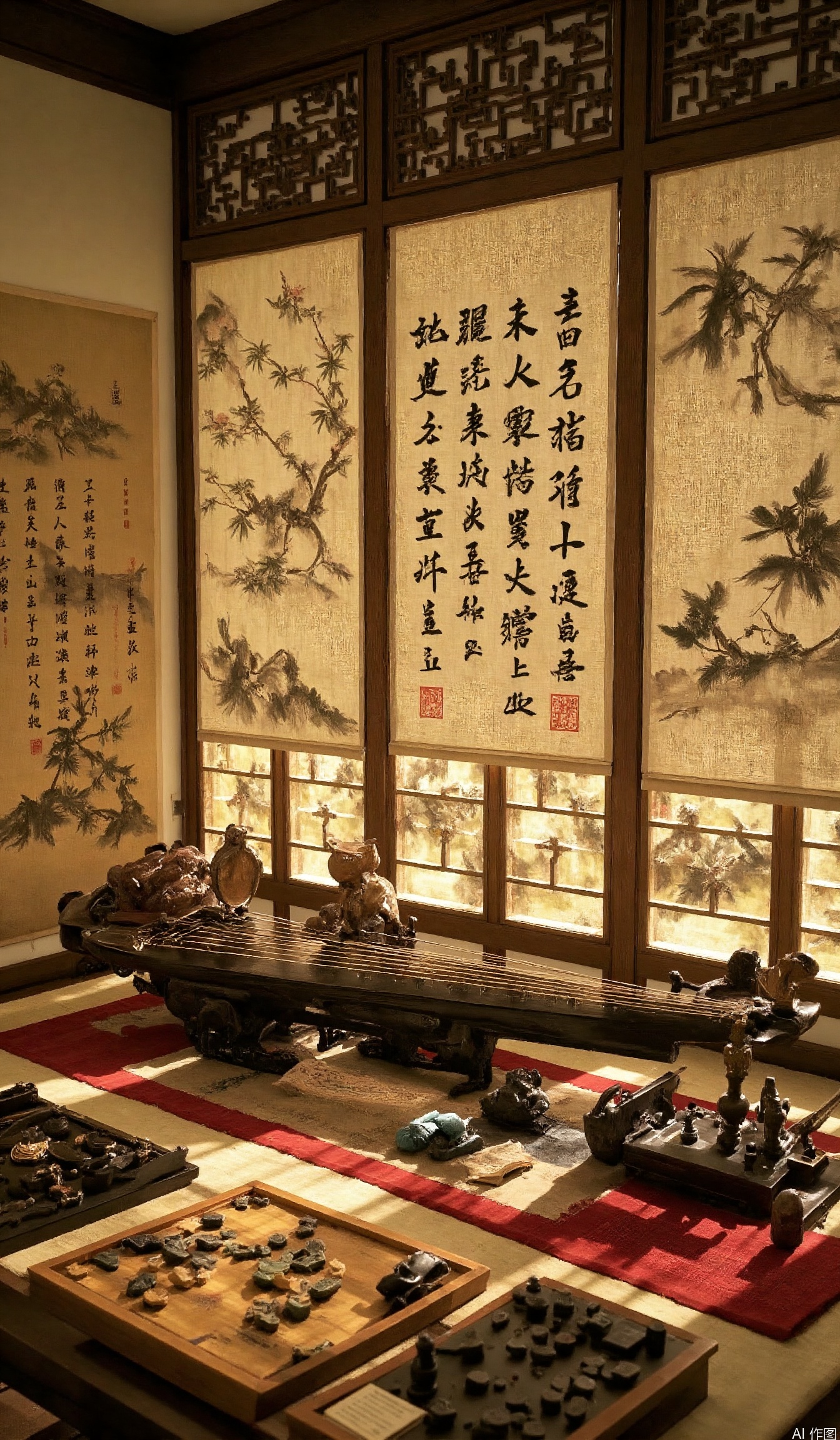 Guqin, no humans, there are chessboards, calligraphy and paintings around the guqin, and the screen is displayed at a 45-degree angle