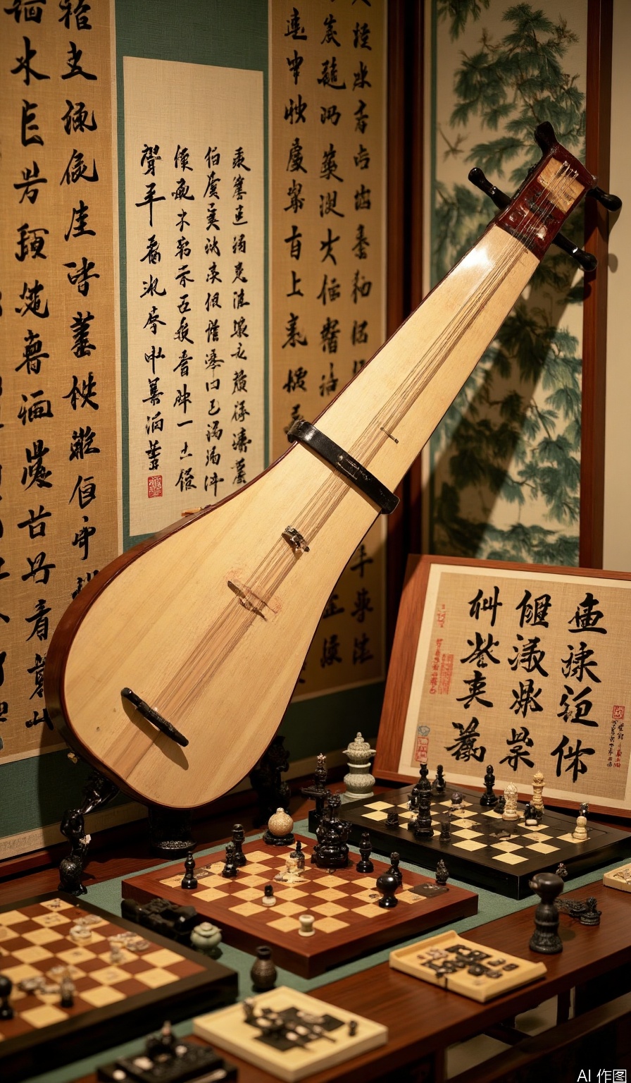 Guqin, no humans, there are chessboards, calligraphy and paintings around the guqin, and the screen is displayed at a 45-degree angle