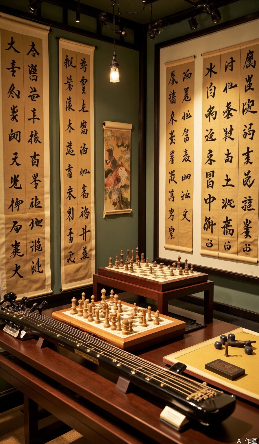 Guqin, no humans, there are chessboards, calligraphy and paintings around the guqin, and the screen is displayed at a 45-degree angle