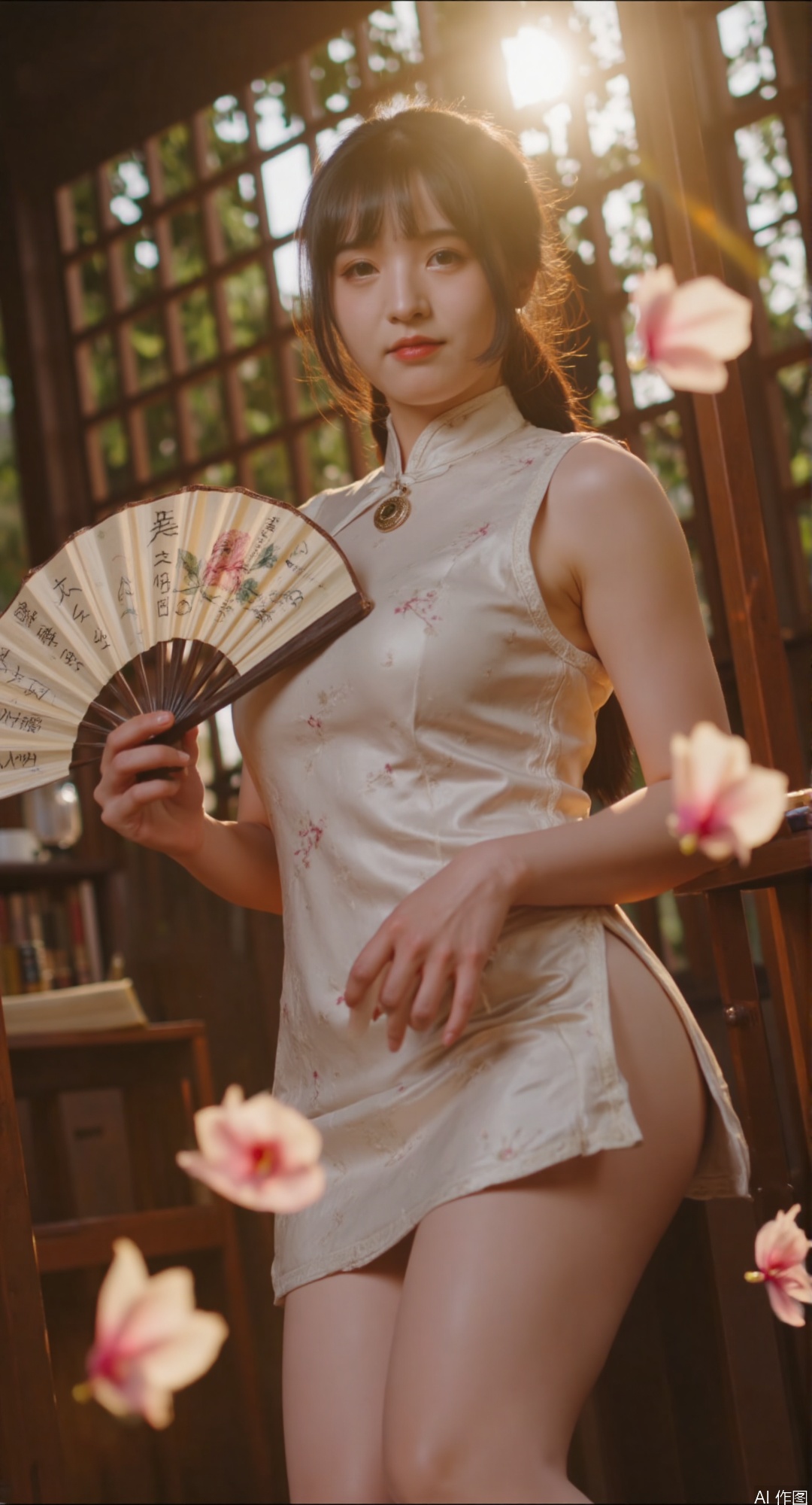 best quality, masterpiece, ultra detailed, 
(1930s shanghai innocence:1.6), 
19-year-old girl in 
(modest cheongsam:1.7) with 
(jade button closure:1.5) and 
(watercolor peony embroidery:1.4), 
(milk-white cotton stockings:1.6) featuring 
(subtle bamboo weave patterns:1.3), 
(scholar accessories:1.7):
1. (ivory paper fan:1.5) inscribed with 《诗经》verses
2. (enamel moonphase pendant:1.4) on silk cord
3. (cloth-bound book:1.3) tied with indigo ribbon
(teahouse garden scene:1.7) containing:
1. (floating tea leaves:1.5) forming hexagrams
2. (calligraphy brushes:1.4) sprouting orchids
3. (paper lantern glow:1.3) illuminating 
   (translucent skin:1.6) with 
   (blushing peach gradient:1.4)
extreme low angle (0.4m:1.7) through 
(lattice window frame:1.5), 
(soft focus:1.4) on 
(falling camellia petals:1.3) creating 
(bokeh light circles:1.2), 
(golden hour lighting:1.6) casting 
(warm veil:1.4) through rice paper, 
(negative prompt:1.8): 
modern elements, dark colors, 
provocative poses, heavy makeup, 
industrial elements, weapon-like accessories