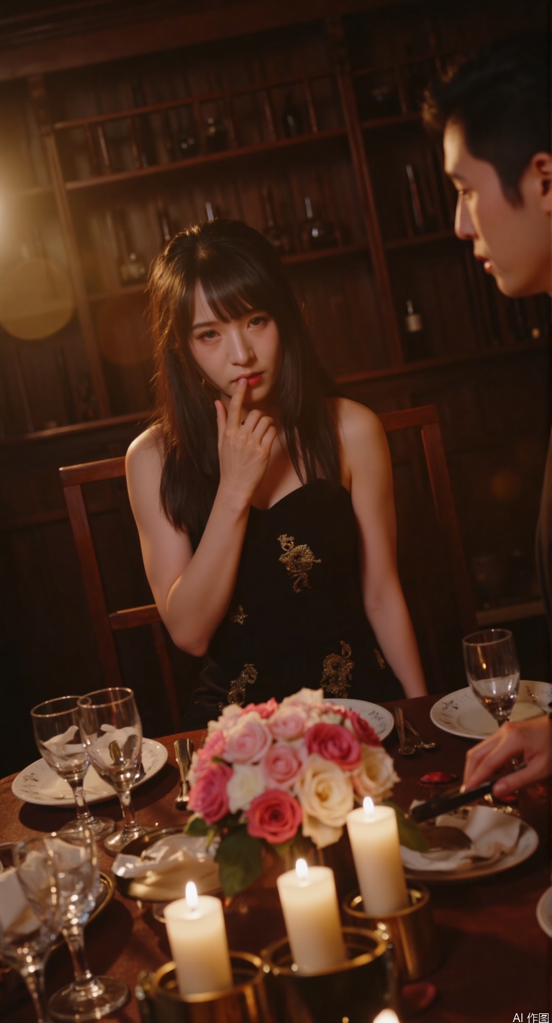 **"Black & Gold Soirée"**  
   *(High-society drama)*  
   Candlelit banquet at Cathay Hotel: Woman in black velvet qipao with gold-thread dragon motif exchanges whispered secrets with foreign diplomat. Table glows with Lalique glassware and peony centerpiece. Ambient details: cigarette smoke swirls, Baccarat crystal reflections, distant gramophone music. Stylization: Caravaggio-inspired chiaroscuro, 8K historical photorealism
