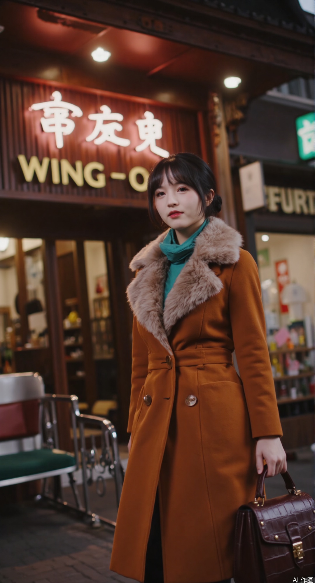 **"Nanking Road Couture"**  
   *(Fashion-forward street scene)*  
   Glamorous Shanghai debutante in tailored wool coat with fox fur collar, clutching crocodile-skin handbag. She exits Wing On Department Store under neon signage. Surroundings: 1940s tramlines, rickshaws, and art deco storefronts. Technical: shallow depth-of-field, hyperreal fabric textures, cinematic rim lighting. Color scheme: burnt orange and teal contrast.  