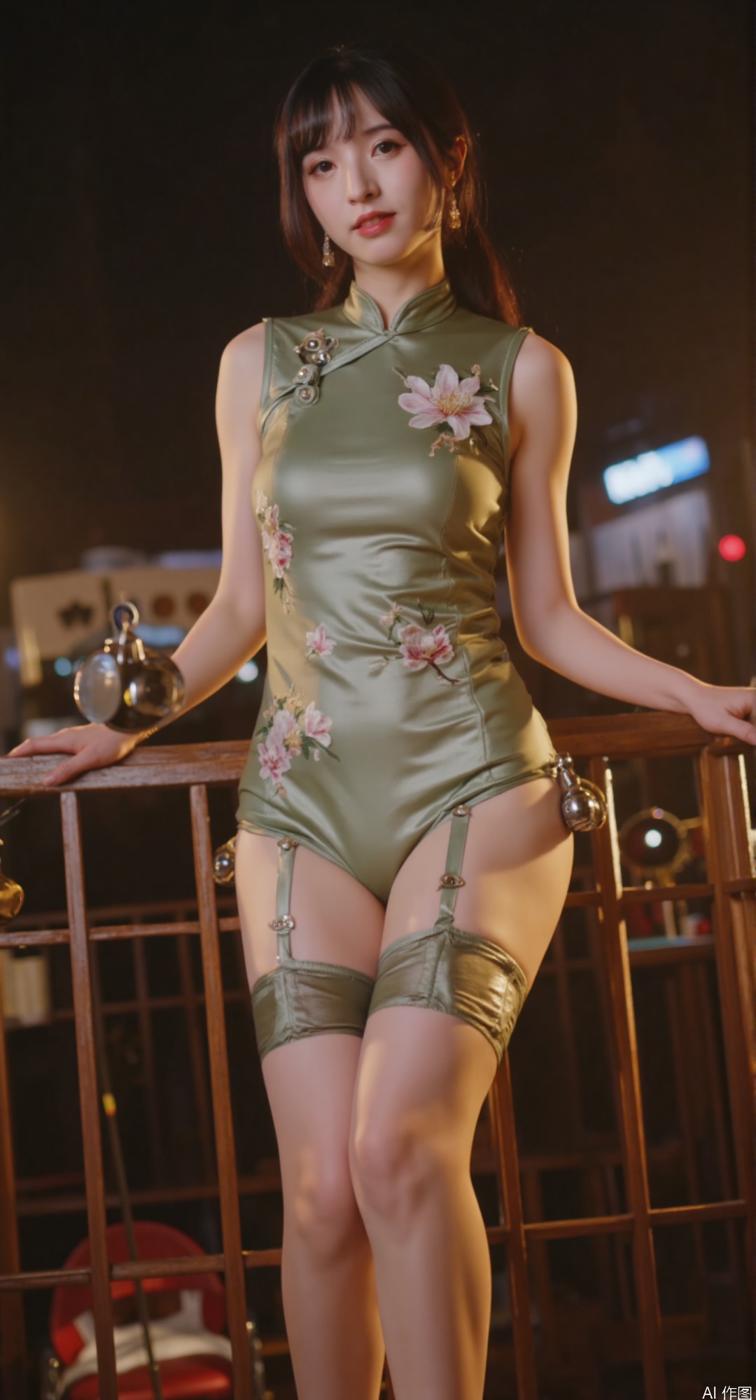 **"Jade and Silk Luminescence"**  
   *(Ultra-detailed qipao glamour)*  
   A young Shanghai socialite in a jade-green silk satin qipao with intricate phoenix embroidery, wearing pearlescent jadeite earrings, standing on the balcony of Art Deco hotel. Soft golden lighting illuminates her marcel-waved hairstyle. Background shows 1930s Bund nightscape with neon-lit cruise ships. Style: muted sepia tones with cinematic color grading, vintage film grain texture.  (kinetic garter system:1.8) with 
(silk satin bands:1.7) printed with 
(1930s calendar girls:1.6), 
(weighted tassels:1.5) containing 
(mercury droplets:1.4) creating 
(liquid metal trajectories:1.3), 
(blooming magnolia gears:1.5) synchronizing 
with leg movements，
low angle view, legs extending towards camera, 
         strong perspective distortion (blurred face:1.2)
leg up