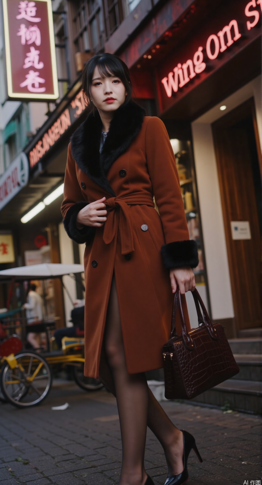**"Nanking Road Couture"**  
   *(Fashion-forward street scene)*  
   Glamorous Shanghai debutante in tailored wool coat with fox fur collar, clutching crocodile-skin handbag. She exits Wing On Department Store under neon signage. Surroundings: 1940s tramlines, rickshaws, and art deco storefronts. Technical: shallow depth-of-field, hyperreal fabric textures, cinematic rim lighting. Color scheme: burnt orange and teal contrast. sport shose,apocalyptic low angle,shose