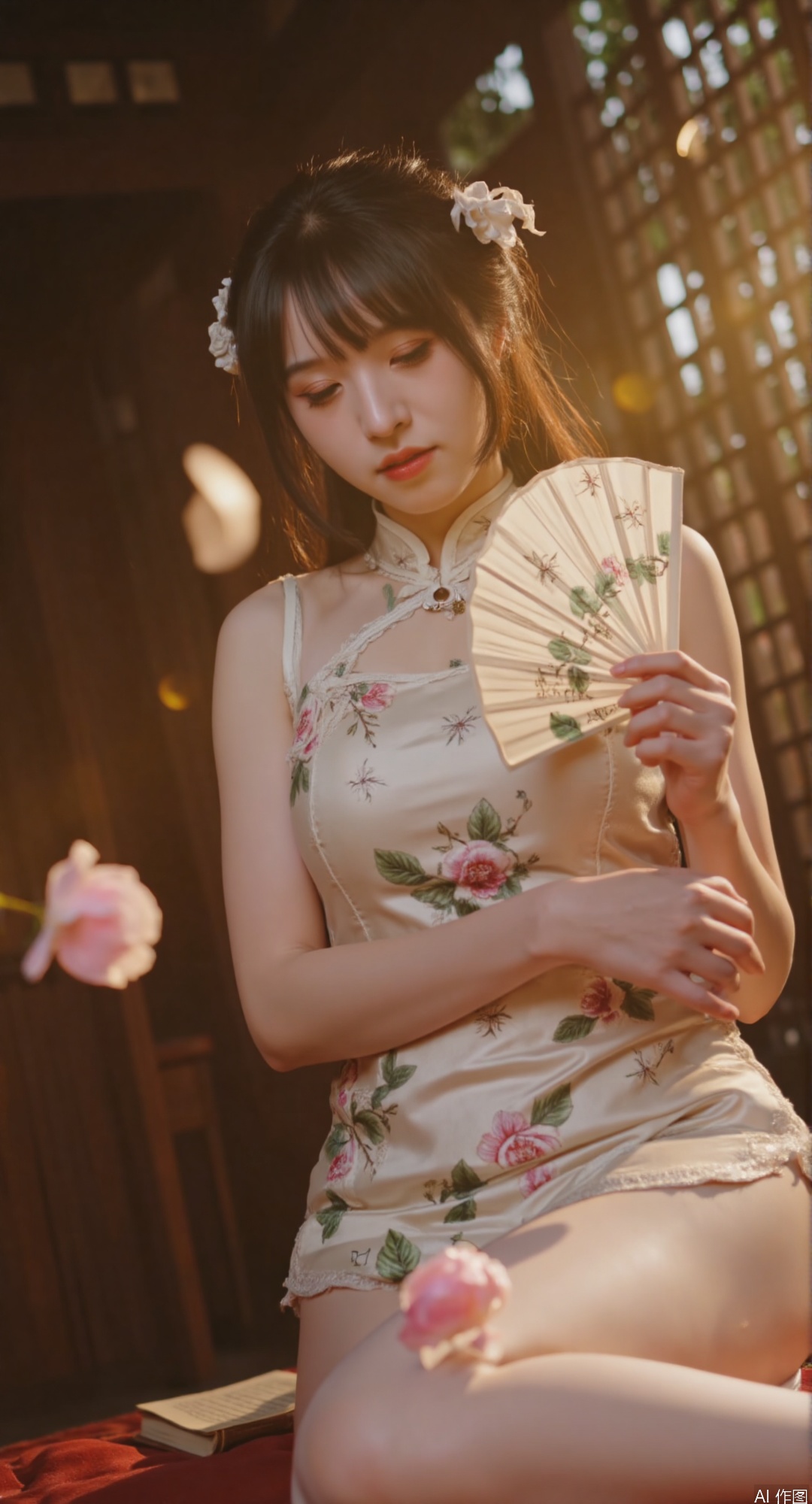 best quality, masterpiece, ultra detailed, 
(1930s shanghai innocence:1.6), 
19-year-old girl in 
(modest cheongsam:1.7) with 
(jade button closure:1.5) and 
(watercolor peony embroidery:1.4), 
(milk-white cotton stockings:1.6) featuring 
(subtle bamboo weave patterns:1.3), 
(scholar accessories:1.7):
1. (ivory paper fan:1.5) inscribed with 《诗经》verses
2. (enamel moonphase pendant:1.4) on silk cord
3. (cloth-bound book:1.3) tied with indigo ribbon
(teahouse garden scene:1.7) containing:
1. (floating tea leaves:1.5) forming hexagrams
2. (calligraphy brushes:1.4) sprouting orchids
3. (paper lantern glow:1.3) illuminating 
   (translucent skin:1.6) with 
   (blushing peach gradient:1.4)
extreme low angle (0.4m:1.7) through 
(lattice window frame:1.5), 
(soft focus:1.4) on 
(falling camellia petals:1.3) creating 
(bokeh light circles:1.2), 
(golden hour lighting:1.6) casting 
(warm veil:1.4) through rice paper, 
(negative prompt:1.8): 
modern elements, dark colors, 
provocative poses, heavy makeup, 
industrial elements, weapon-like accessories