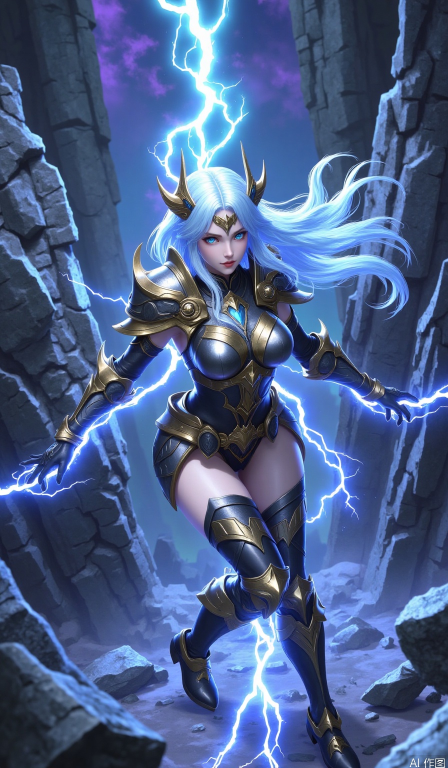 1girl, solo, long hair, breasts, looking at viewer, blue eyes, gloves, standing, white hair, boots, horns, armor, book, glowing, shoulder armor, electricity, armored boots, lightning