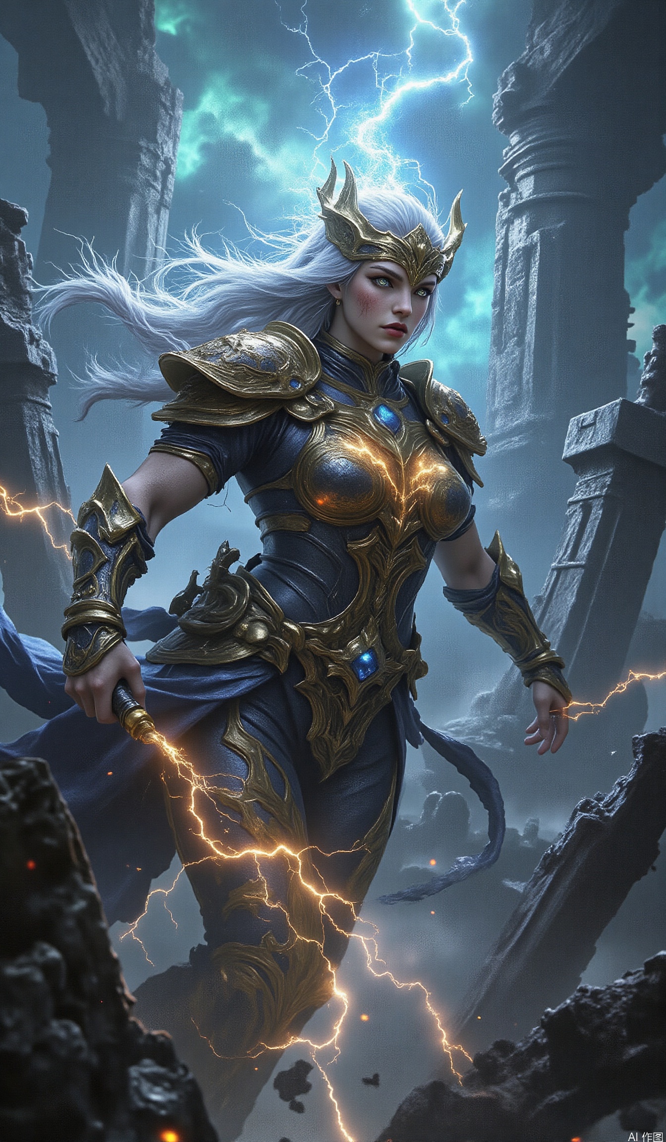 The image depicts a powerful female warrior in golden armor, standing amidst a dramatic and stormy backdrop. She has long white hair and wears a golden helmet with horns, exuding a sense of strength and authority. Her armor is intricately designed, with gold accents and blue fabric elements, and she is wielding a glowing, electric-like energy weapon. The background features ancient ruins and a stormy sky, with lightning illuminating the scene and adding to the intensity of the moment. The overall atmosphere is one of epic fantasy, with a focus on the warrior's dynamic pose and the dramatic lighting.