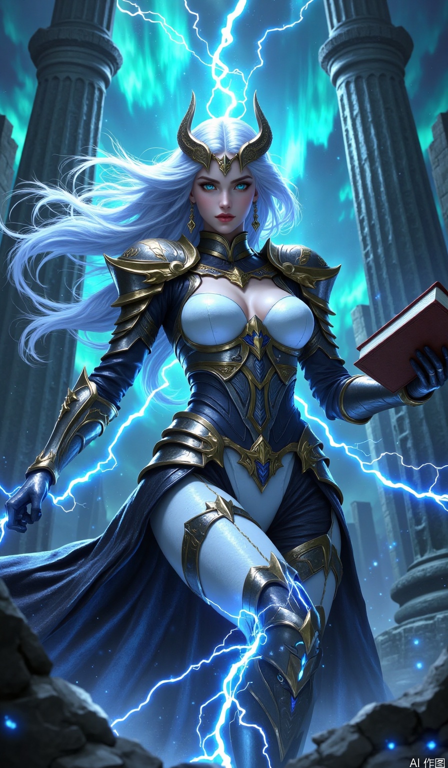 A young woman with flowing white hair and a mesmerizing gaze stands confidently, her piercing blue eyes locked onto the viewer. Her long locks cascade down her back, framing her statuesque figure adorned in gleaming armor. A subtle glow emanates from her gloves as she grasps a book, while electricity crackles around her boots, which are clad in armored plates. Two majestic horns protrude from her shoulders, and white breasts peek out from beneath her chestplate. As the lighting illuminates her features, the air is charged with an otherworldly energy, as if the very fabric of reality is about to spark.