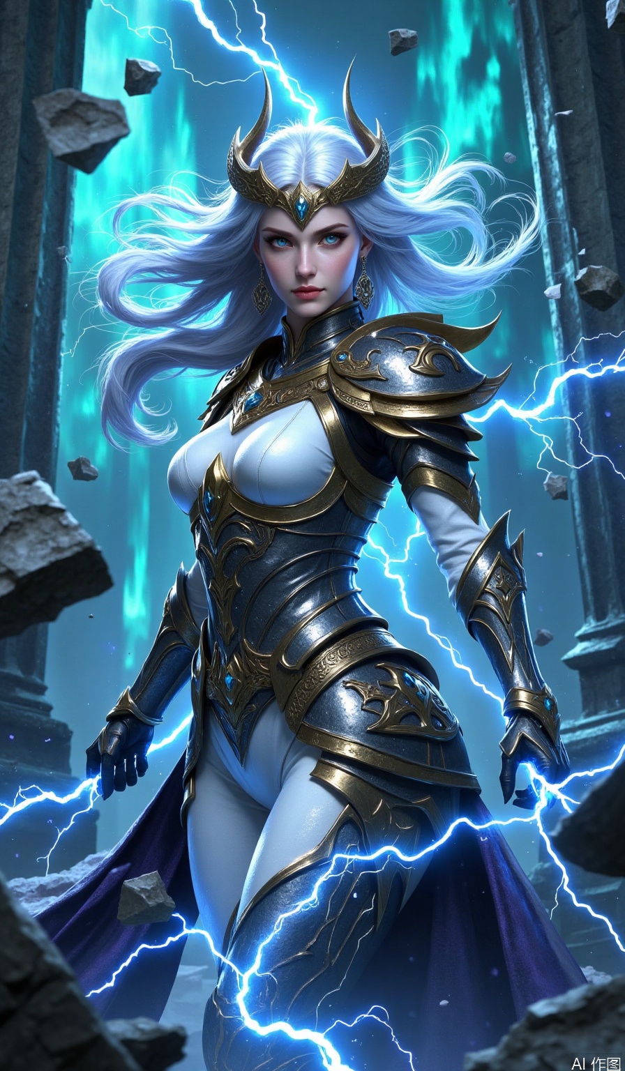 A young woman with flowing white hair and a mesmerizing gaze stands confidently, her piercing blue eyes locked onto the viewer. Her long locks cascade down her back, framing her statuesque figure adorned in gleaming armor. A subtle glow emanates from her gloves as she grasps a book, while electricity crackles around her boots, which are clad in armored plates. Two majestic horns protrude from her shoulders, and white breasts peek out from beneath her chestplate. As the lighting illuminates her features, the air is charged with an otherworldly energy, as if the very fabric of reality is about to spark.
