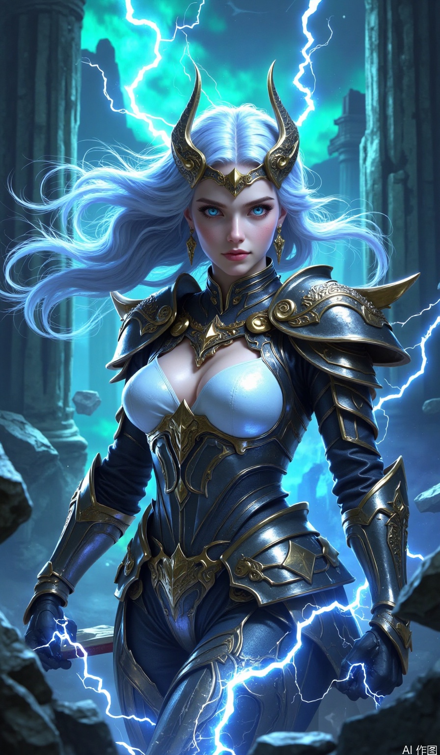 A young woman with flowing white hair and a mesmerizing gaze stands confidently, her piercing blue eyes locked onto the viewer. Her long locks cascade down her back, framing her statuesque figure adorned in gleaming armor. A subtle glow emanates from her gloves as she grasps a book, while electricity crackles around her boots, which are clad in armored plates. Two majestic horns protrude from her shoulders, and white breasts peek out from beneath her chestplate. As the lighting illuminates her features, the air is charged with an otherworldly energy, as if the very fabric of reality is about to spark.
