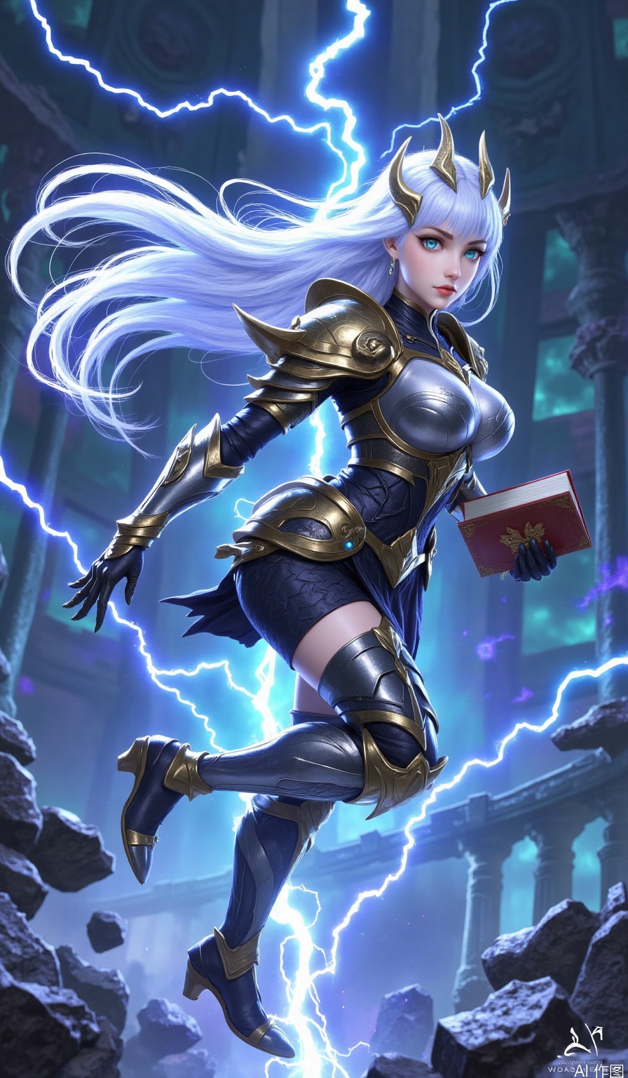 1girl, solo, long hair, breasts, looking at viewer, blue eyes, gloves, standing, white hair, boots, horns, armor, book, glowing, shoulder armor, electricity, armored boots, lightning