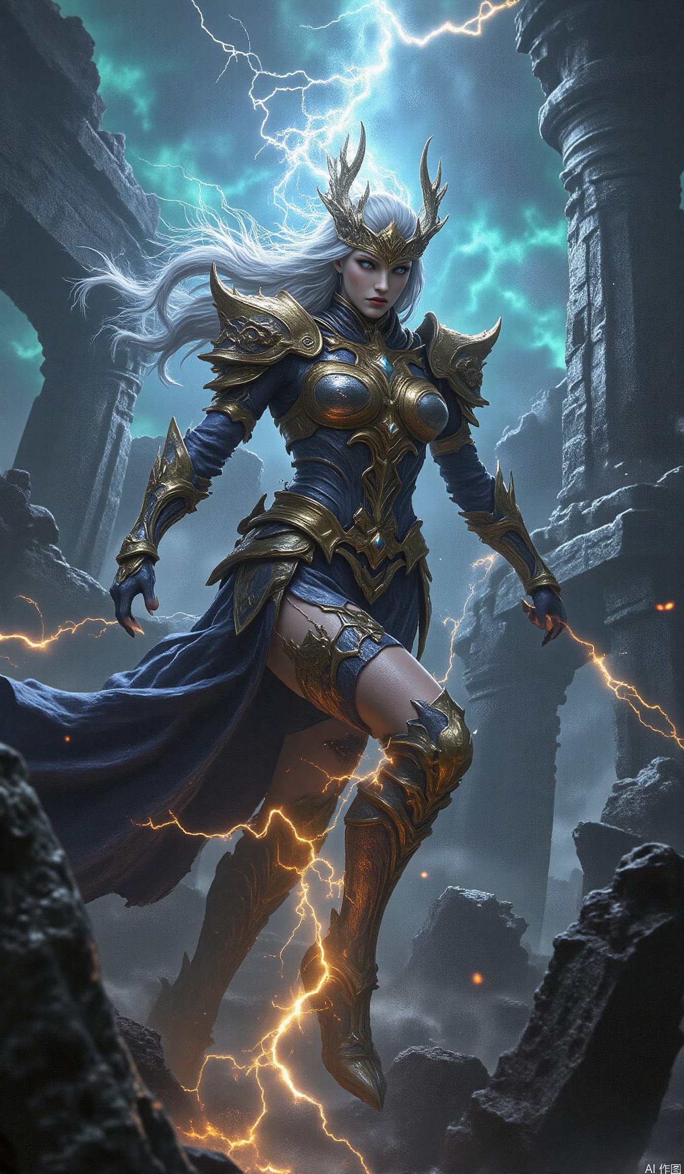 The image depicts a powerful female warrior in golden armor, standing amidst a dramatic and stormy backdrop. She has long white hair and wears a golden helmet with horns, exuding a sense of strength and authority. Her armor is intricately designed, with gold accents and blue fabric elements, and she is wielding a glowing, electric-like energy weapon. The background features ancient ruins and a stormy sky, with lightning illuminating the scene and adding to the intensity of the moment. The overall atmosphere is one of epic fantasy, with a focus on the warrior's dynamic pose and the dramatic lighting.