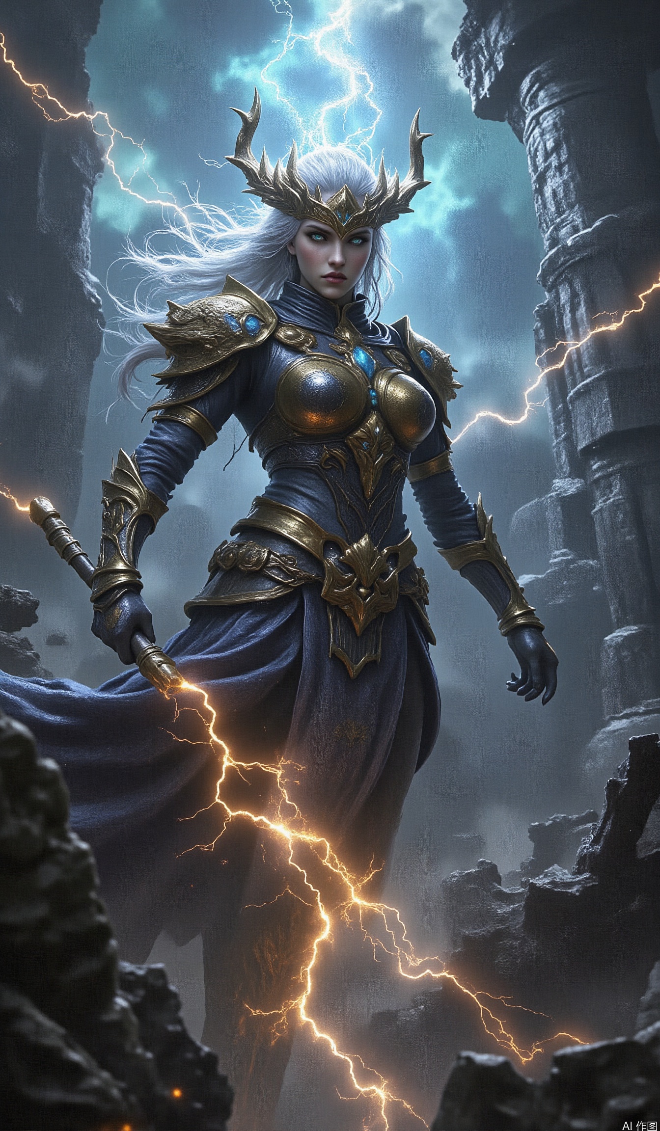 The image depicts a powerful female warrior in golden armor, standing amidst a dramatic and stormy backdrop. She has long white hair and wears a golden helmet with horns, exuding a sense of strength and authority. Her armor is intricately designed, with gold accents and blue fabric elements, and she is wielding a glowing, electric-like energy weapon. The background features ancient ruins and a stormy sky, with lightning illuminating the scene and adding to the intensity of the moment. The overall atmosphere is one of epic fantasy, with a focus on the warrior's dynamic pose and the dramatic lighting.
