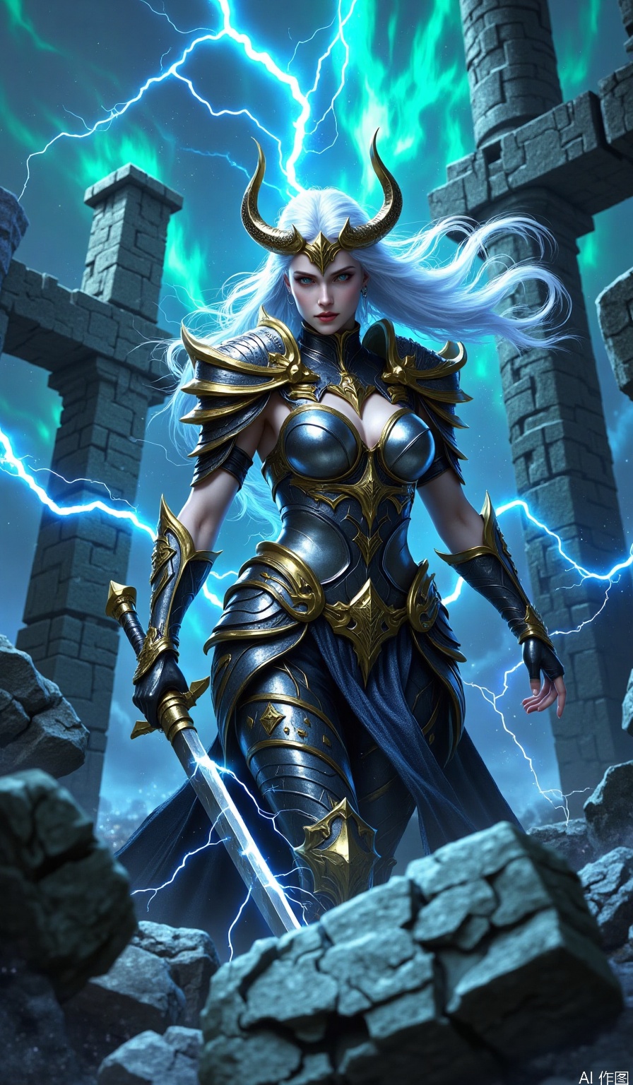 The image depicts a fantasy scene featuring a powerful female warrior standing amidst a dramatic backdrop of ancient ruins. She is adorned in intricate, dark metallic armor with gold accents, including a helmet with curved horns. Her long, flowing white hair contrasts sharply with her armor, adding to her striking appearance. The warrior is wielding a large sword, and her expression is one of determination and focus. The background consists of crumbling stone structures and a stormy sky, with electric blue lightning illuminating the scene, enhancing the sense of power and magic.