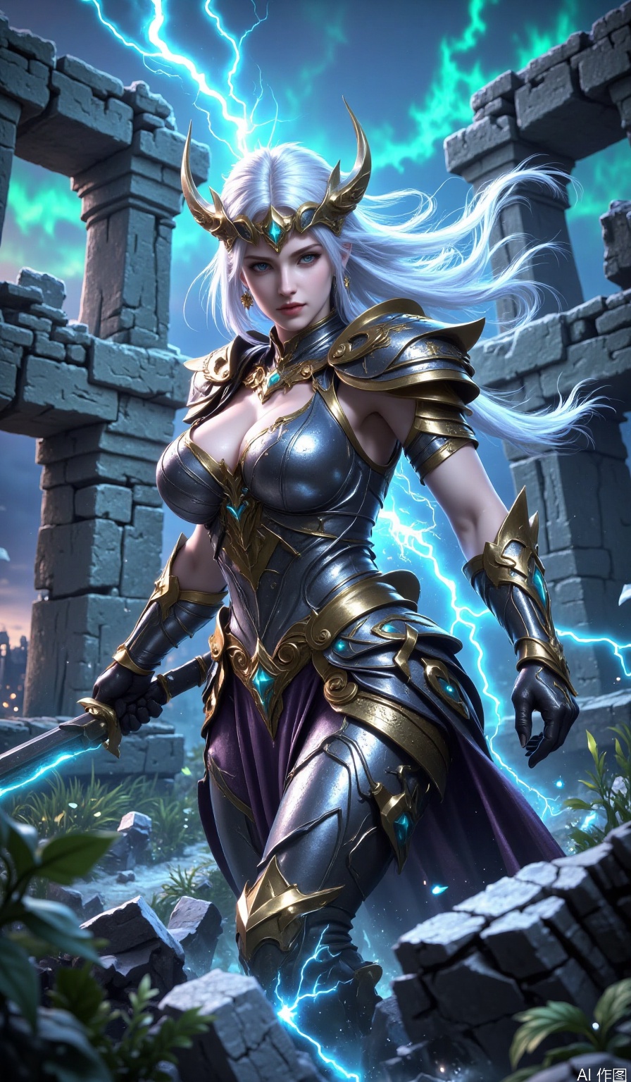 The image depicts a fantasy scene featuring a powerful female warrior standing amidst a dramatic backdrop of ancient ruins. She is adorned in intricate, dark metallic armor with gold accents, including a helmet with curved horns. Her long, flowing white hair contrasts sharply with her armor, adding to her striking appearance. The warrior is wielding a large sword, and her expression is one of determination and focus. The background consists of crumbling stone structures and a stormy sky, with electric blue lightning illuminating the scene, enhancing the sense of power and magic.