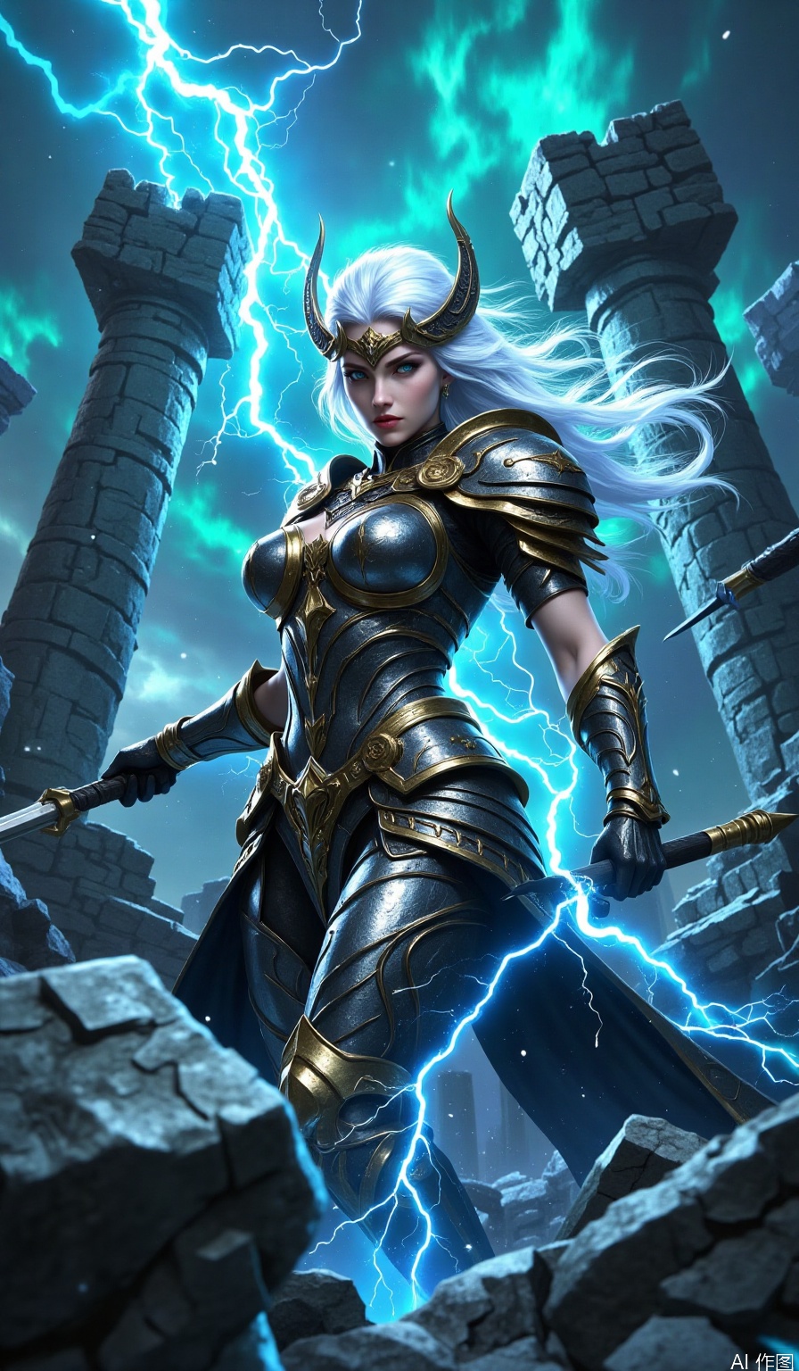 The image depicts a fantasy scene featuring a powerful female warrior standing amidst a dramatic backdrop of ancient ruins. She is adorned in intricate, dark metallic armor with gold accents, including a helmet with curved horns. Her long, flowing white hair contrasts sharply with her armor, adding to her striking appearance. The warrior is wielding a large sword, and her expression is one of determination and focus. The background consists of crumbling stone structures and a stormy sky, with electric blue lightning illuminating the scene, enhancing the sense of power and magic.