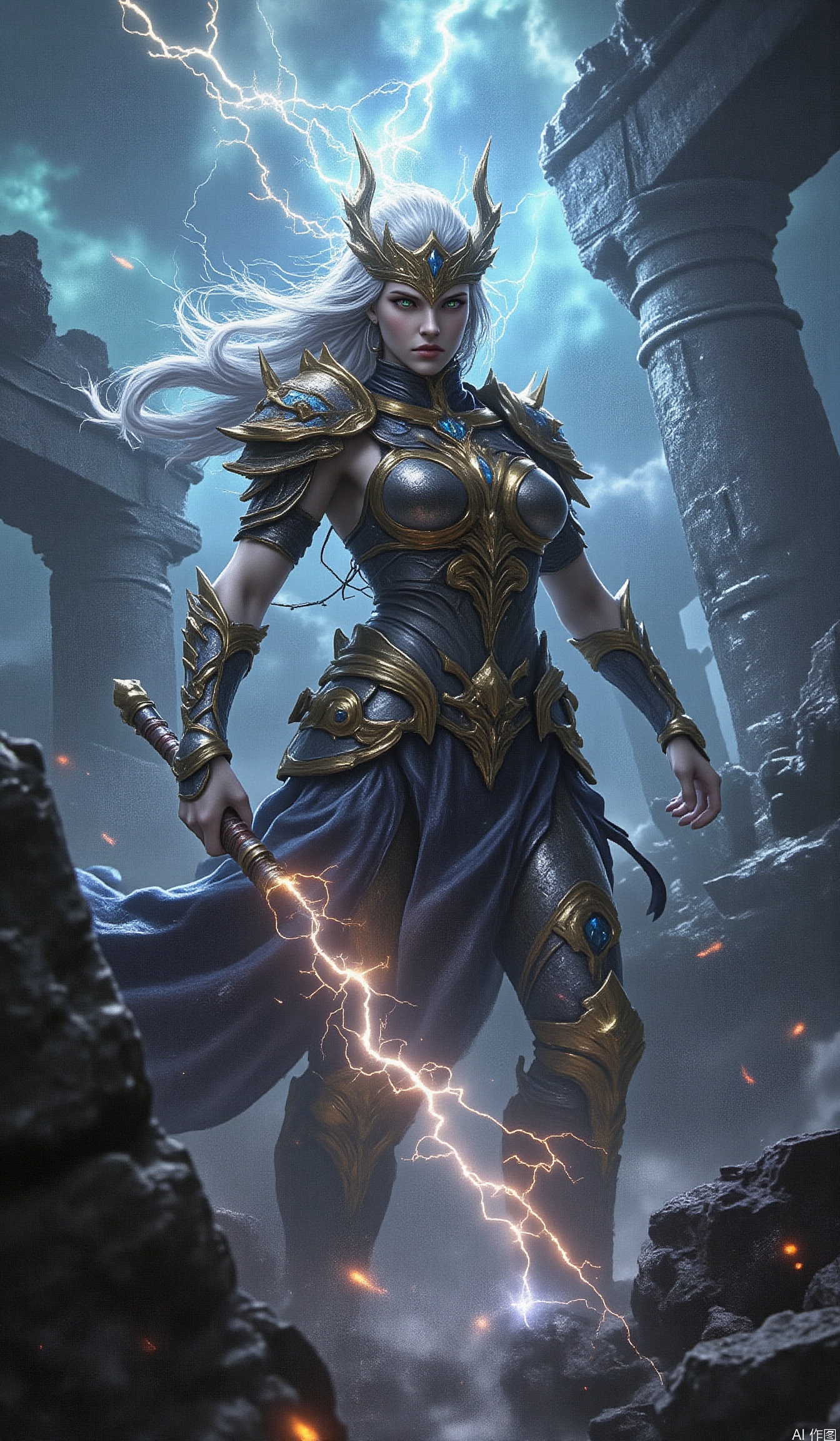 The image depicts a powerful female warrior in golden armor, standing amidst a dramatic and stormy backdrop. She has long white hair and wears a golden helmet with horns, exuding a sense of strength and authority. Her armor is intricately designed, with gold accents and blue fabric elements, and she is wielding a glowing, electric-like energy weapon. The background features ancient ruins and a stormy sky, with lightning illuminating the scene and adding to the intensity of the moment. The overall atmosphere is one of epic fantasy, with a focus on the warrior's dynamic pose and the dramatic lighting.