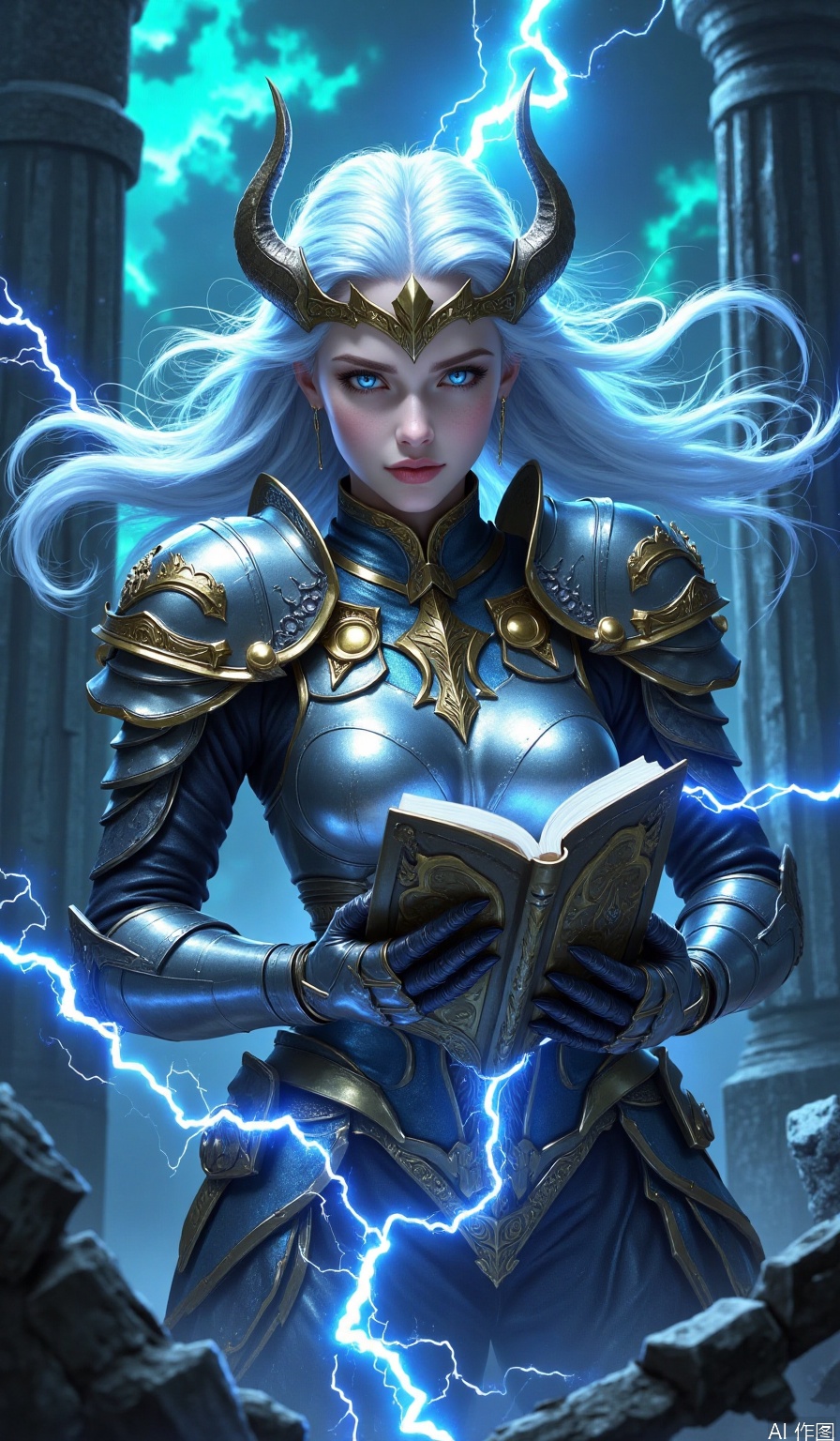 A young woman with flowing white hair and a mesmerizing gaze stands confidently, her piercing blue eyes locked onto the viewer. Her long locks cascade down her back, framing her statuesque figure adorned in gleaming armor. A subtle glow emanates from her gloves as she grasps a book, while electricity crackles around her boots, which are clad in armored plates. Two majestic horns protrude from her shoulders, and white breasts peek out from beneath her chestplate. As the lighting illuminates her features, the air is charged with an otherworldly energy, as if the very fabric of reality is about to spark.
