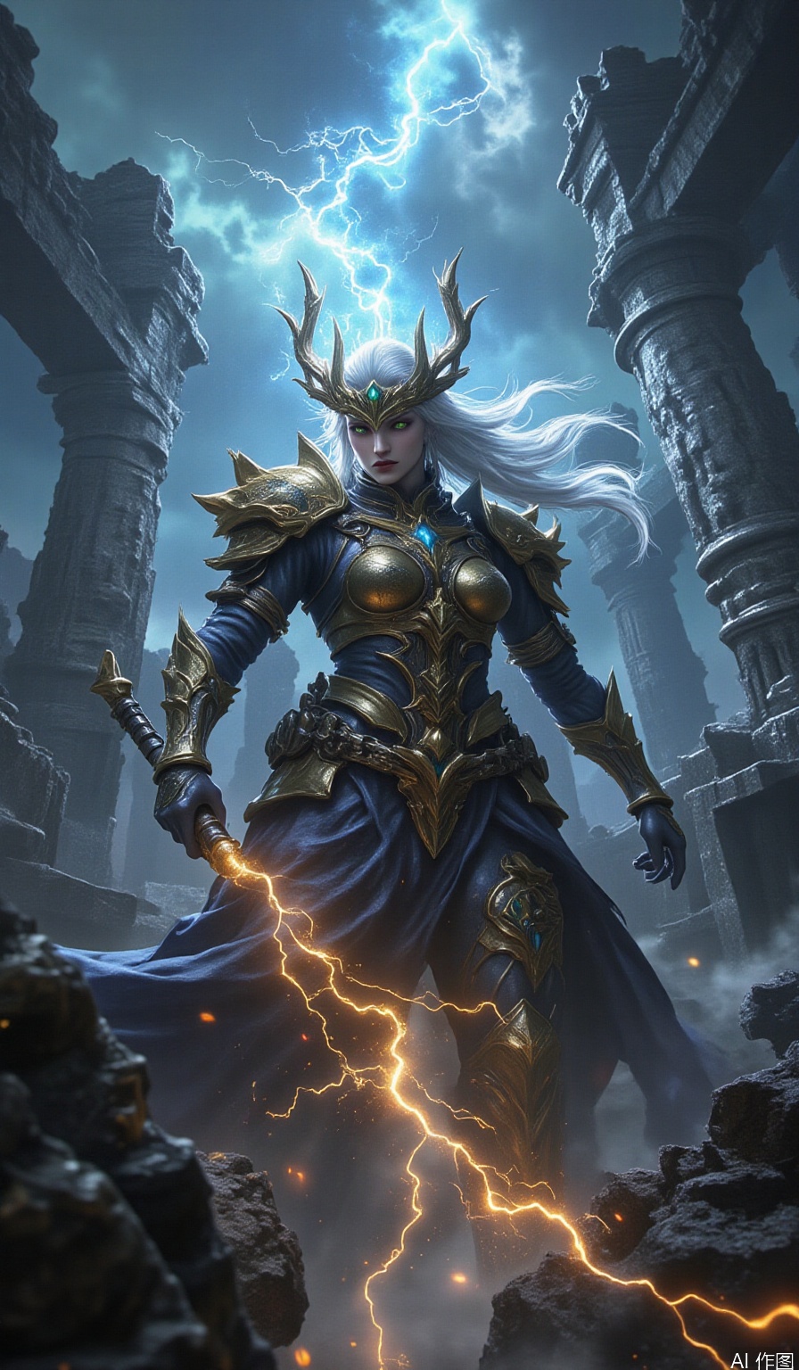 The image depicts a powerful female warrior in golden armor, standing amidst a dramatic and stormy backdrop. She has long white hair and wears a golden helmet with horns, exuding a sense of strength and authority. Her armor is intricately designed, with gold accents and blue fabric elements, and she is wielding a glowing, electric-like energy weapon. The background features ancient ruins and a stormy sky, with lightning illuminating the scene and adding to the intensity of the moment. The overall atmosphere is one of epic fantasy, with a focus on the warrior's dynamic pose and the dramatic lighting.