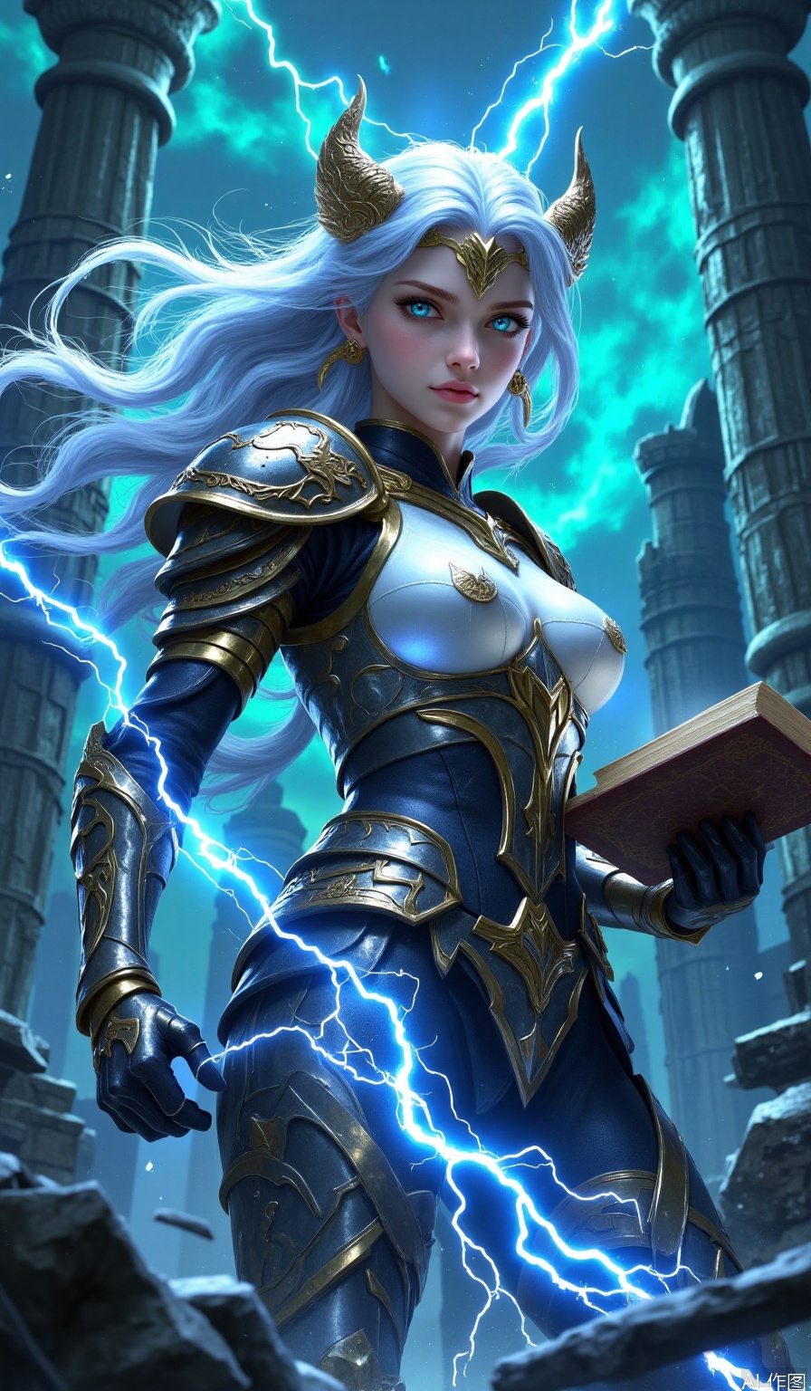 A young woman with flowing white hair and a mesmerizing gaze stands confidently, her piercing blue eyes locked onto the viewer. Her long locks cascade down her back, framing her statuesque figure adorned in gleaming armor. A subtle glow emanates from her gloves as she grasps a book, while electricity crackles around her boots, which are clad in armored plates. Two majestic horns protrude from her shoulders, and white breasts peek out from beneath her chestplate. As the lighting illuminates her features, the air is charged with an otherworldly energy, as if the very fabric of reality is about to spark.