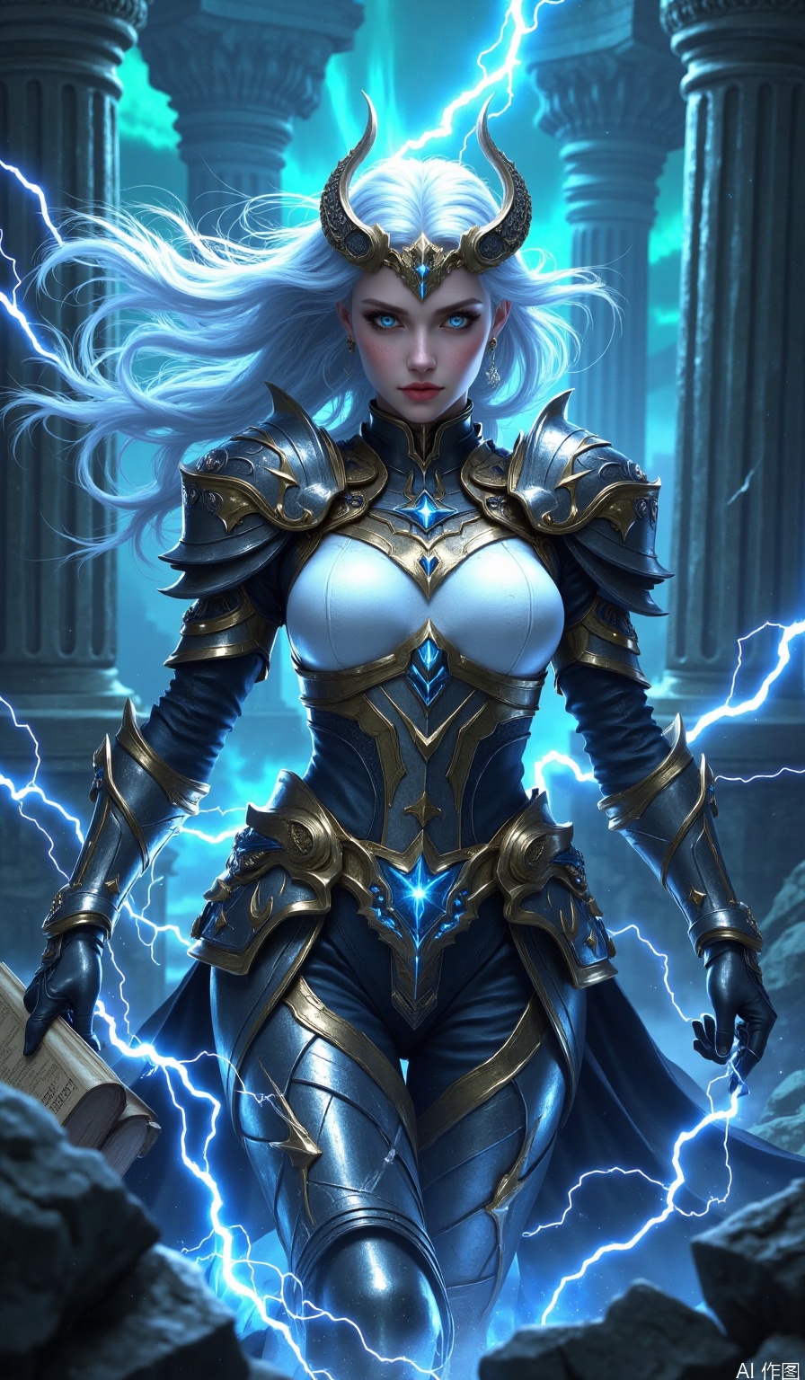A young woman with flowing white hair and a mesmerizing gaze stands confidently, her piercing blue eyes locked onto the viewer. Her long locks cascade down her back, framing her statuesque figure adorned in gleaming armor. A subtle glow emanates from her gloves as she grasps a book, while electricity crackles around her boots, which are clad in armored plates. Two majestic horns protrude from her shoulders, and white breasts peek out from beneath her chestplate. As the lighting illuminates her features, the air is charged with an otherworldly energy, as if the very fabric of reality is about to spark.