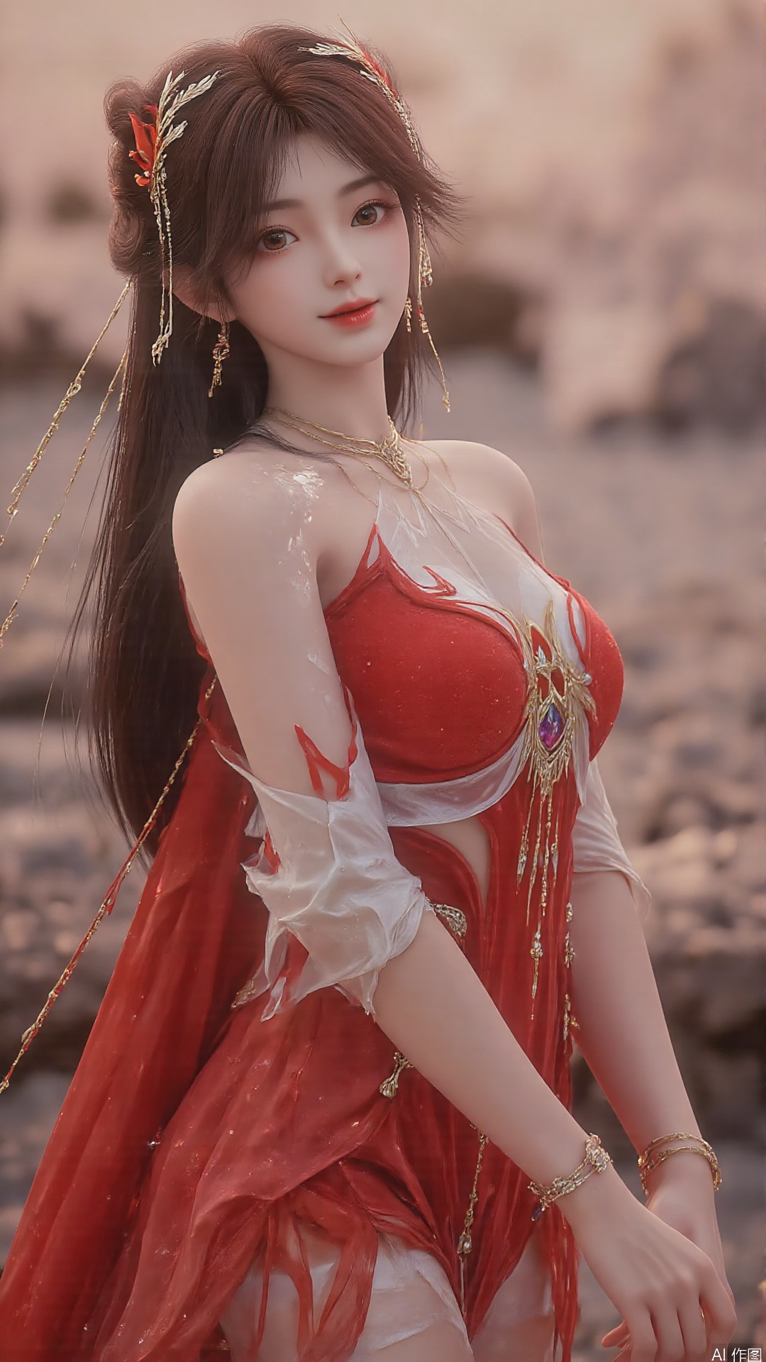 1girl, solo, brown hair, hair ornament, long hair, bare shoulders, looking at viewer, brown eyes, jewelry, red dress, perfect body, scenery, sharp focus, best quality, masterpiece, detailed outfit, illustration, perfect eyes, finely detailed beautiful anime eyes, realistic skin, intricate details, best lighting, depth of field, ultra high resolution, full body 