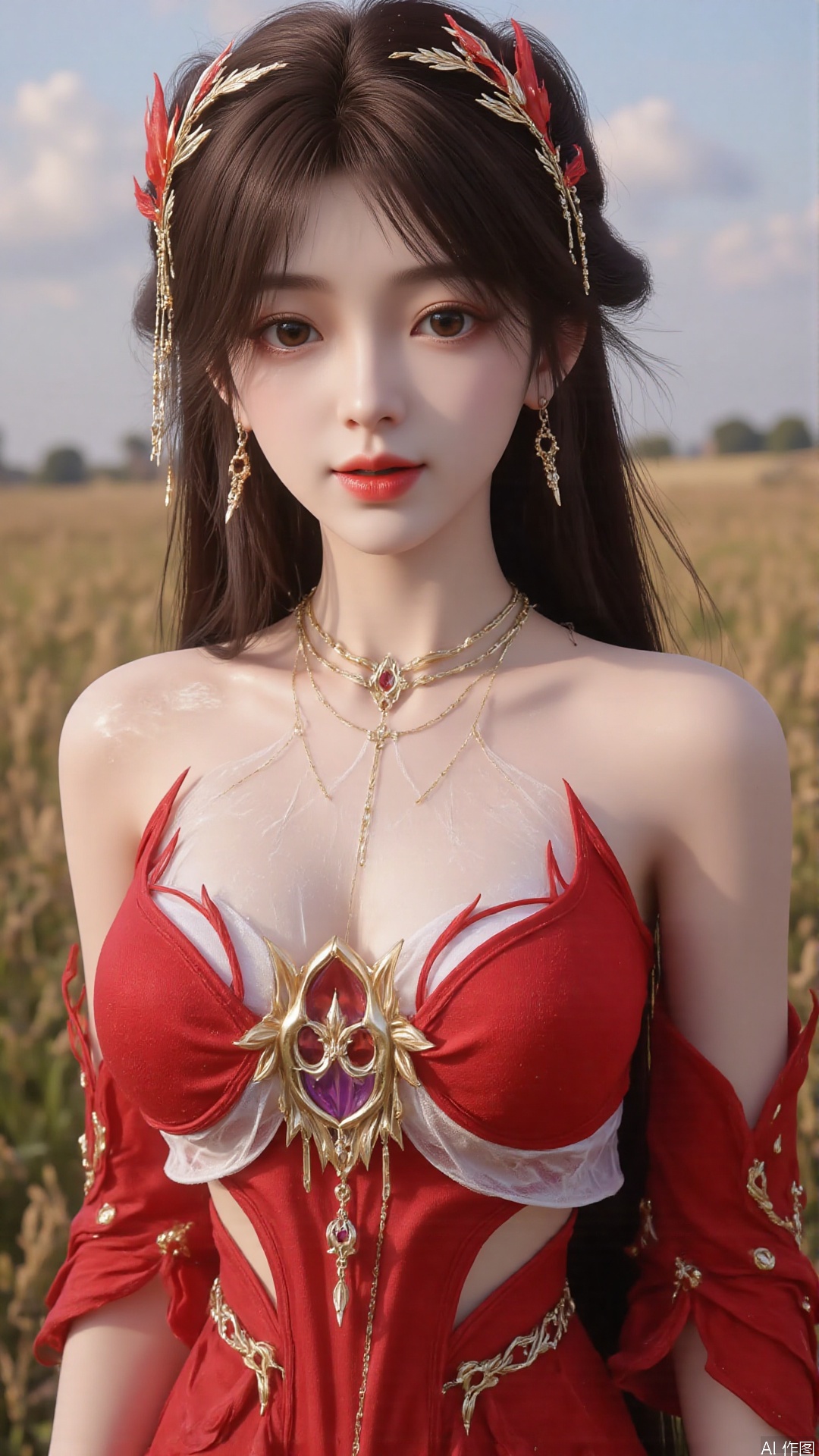 1girl, solo, brown hair, hair ornament, long hair, bare shoulders, looking at viewer, brown eyes, jewelry, red dress, perfect body, scenery, sharp focus, best quality, masterpiece, detailed outfit, illustration, perfect eyes, finely detailed beautiful anime eyes, realistic skin, intricate details, best lighting, depth of field, ultra high resolution, full body 