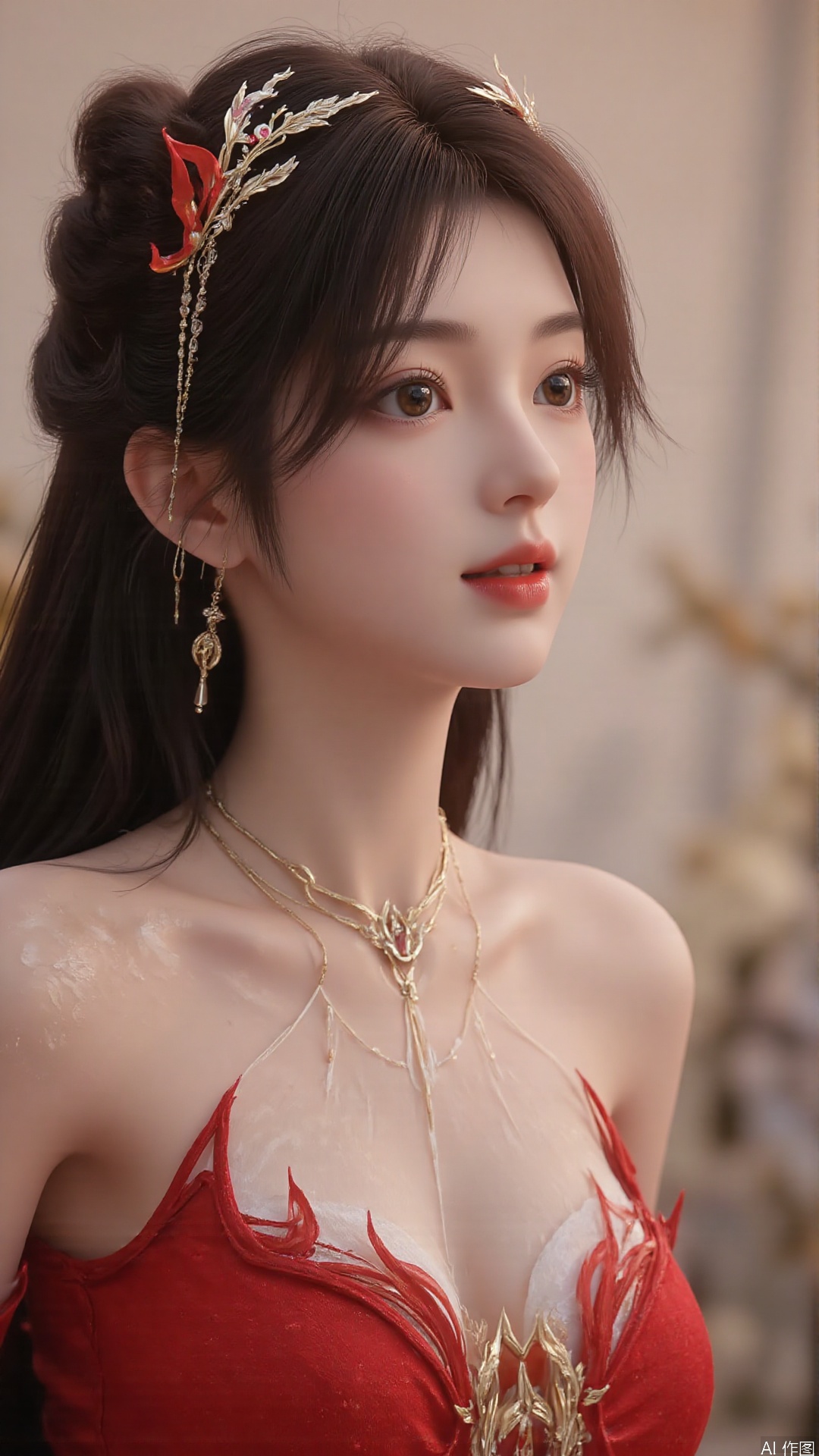 1girl, solo, brown hair, hair ornament, long hair, bare shoulders, looking at viewer, brown eyes, jewelry, red dress, perfect body, scenery, sharp focus, best quality, masterpiece, detailed outfit, illustration, perfect eyes, finely detailed beautiful anime eyes, realistic skin, intricate details, best lighting, depth of field, ultra high resolution, full body 